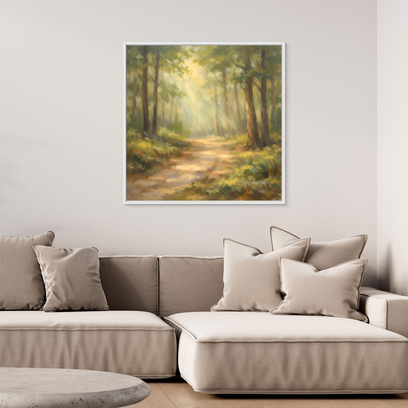 Leinwandbild Waldlandschaft mit Sonnenstrahlen im weißen Rahmen