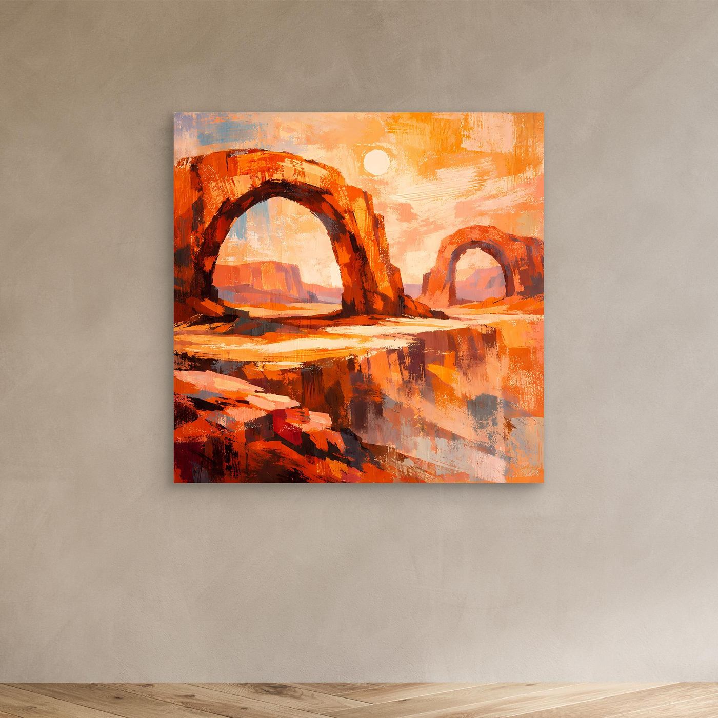 Abstraktes Leinwandbild mit Canyonbögen in Orange und Sonne, hellbrauner Rahmen