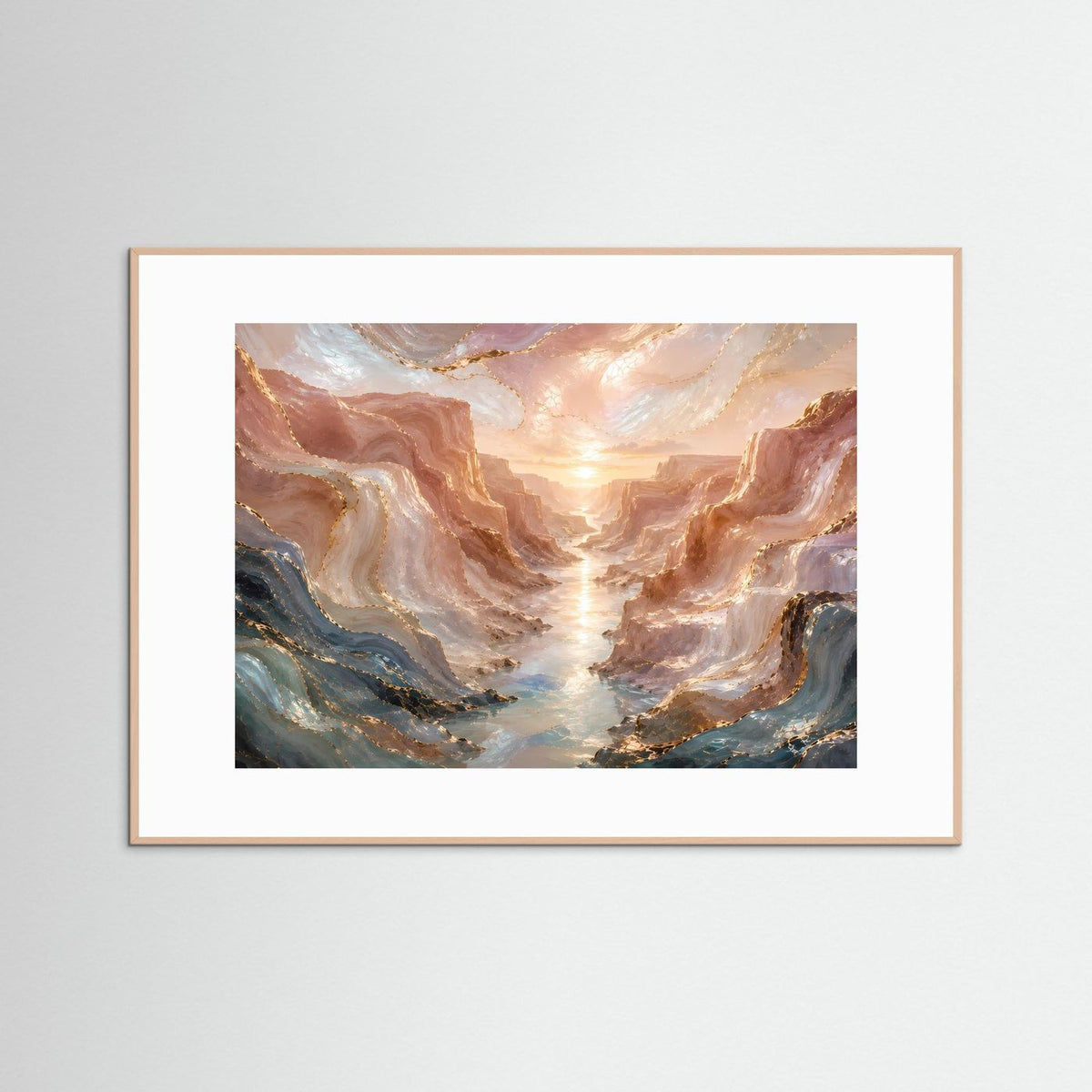 Querformat-Poster: abstrakte Canyonlandschaft mit Fluss in Roségold, heller Holzrahmen