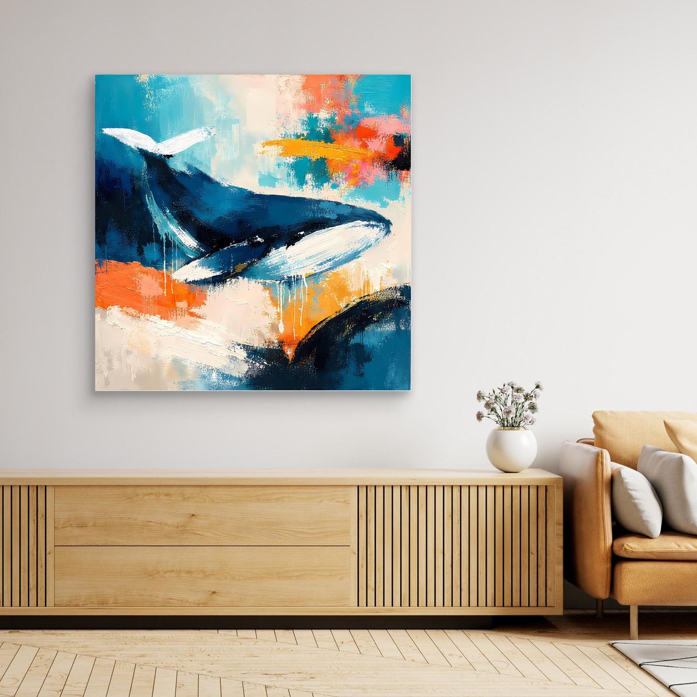 Abstraktes Wal-Wandbild auf Leinwand, blau-türkise Wellenform mit weißen und orangefarbenen Akzenten