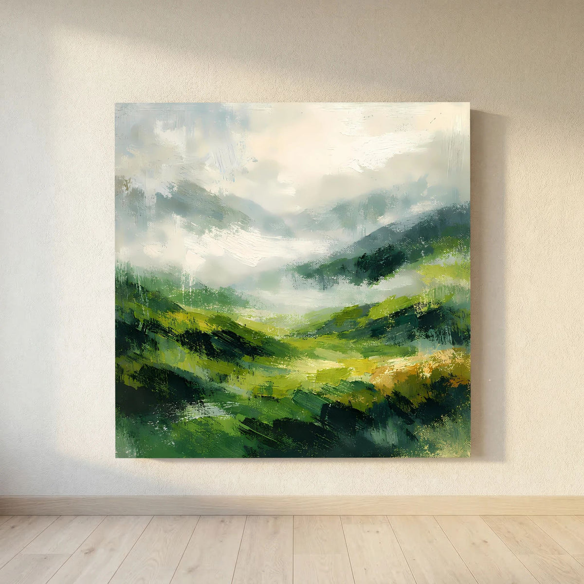 Leinwand Abstraktes Hügellandschaft Gemälde | Modernes Grünes Tal Wandbild Natur