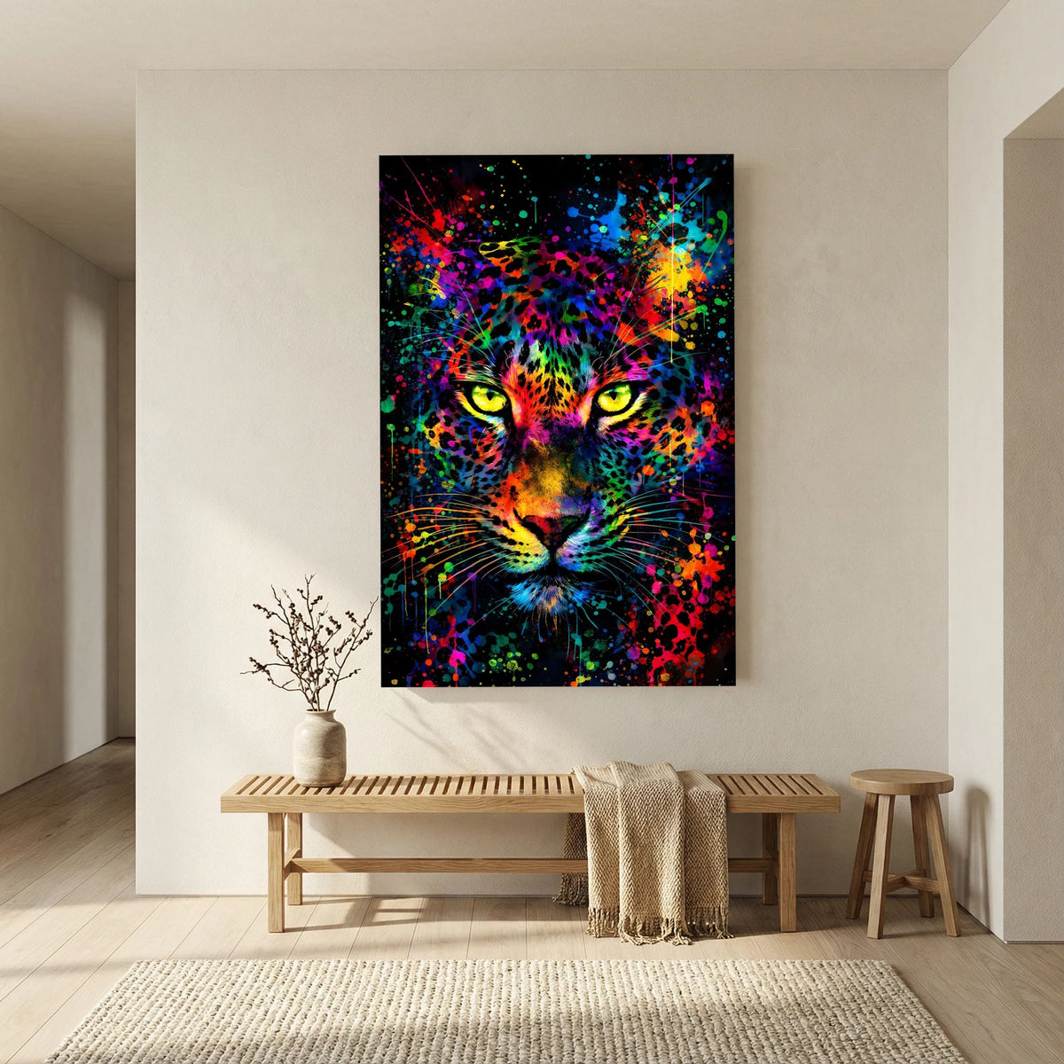 Leoparden-Poster im Hochformat mit schwarzem Rahmen, farbenfrohes Neonmotiv