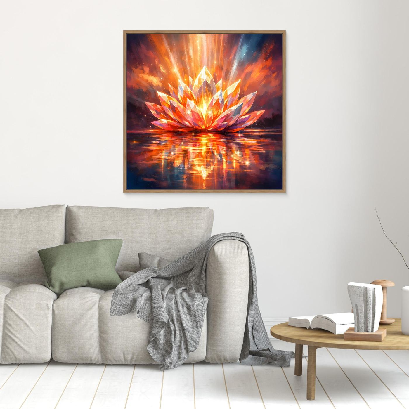 Leinwandbild mit leuchtender Lotusblüte, orange-gelben Strahlen, Spiegelung, brauner Rahmen