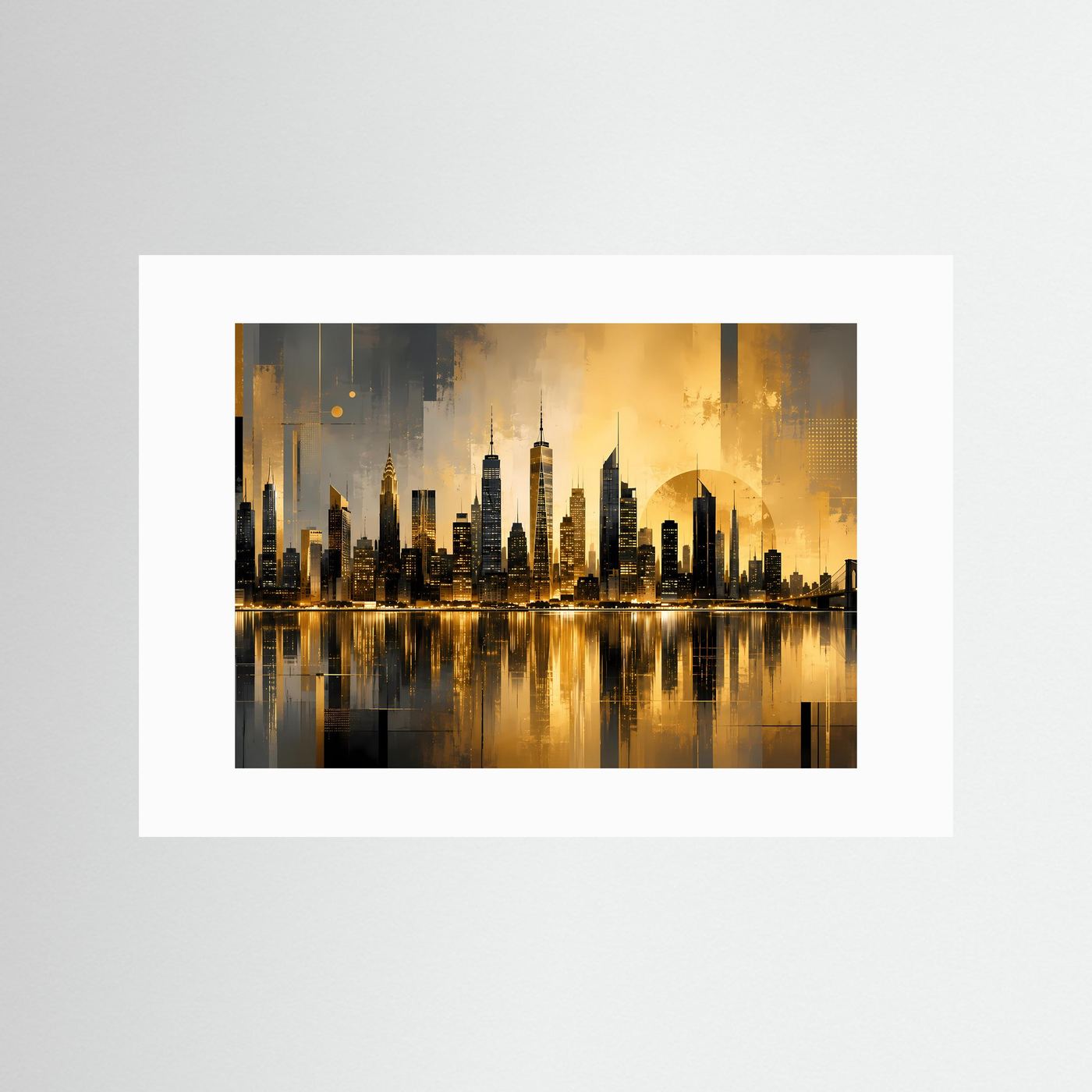 Goldene Skyline am Wasser | Moderne abstrakte City Kunst