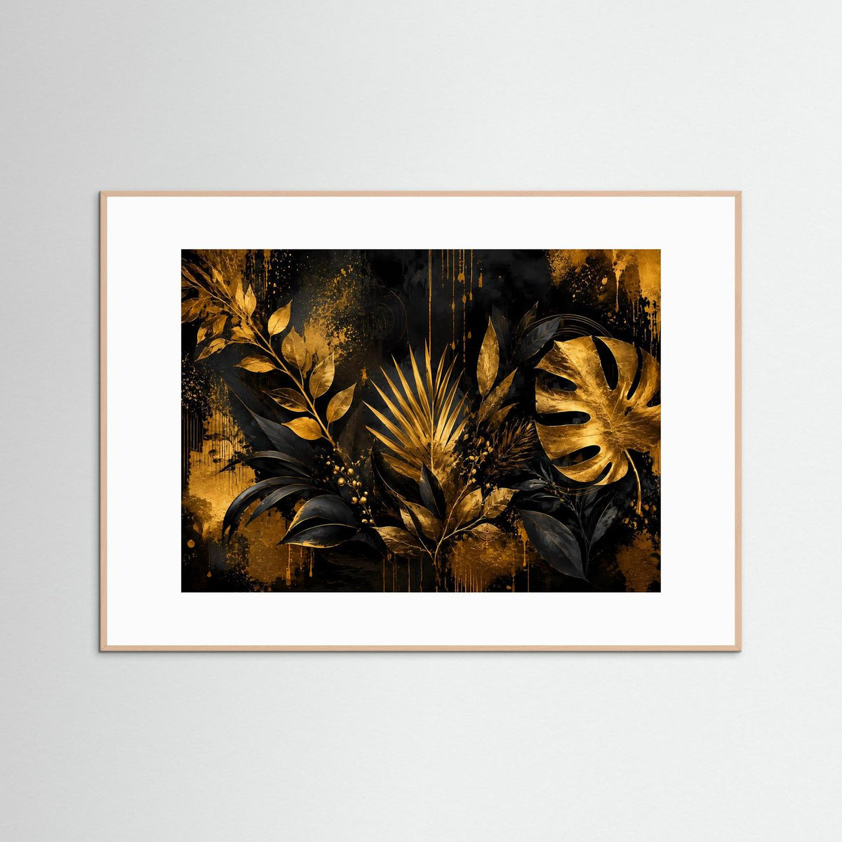 Botanisches Wandbild mit goldenen Monstera-Blättern auf dunklem Hintergrund, naturfarbener Holzrahmen
