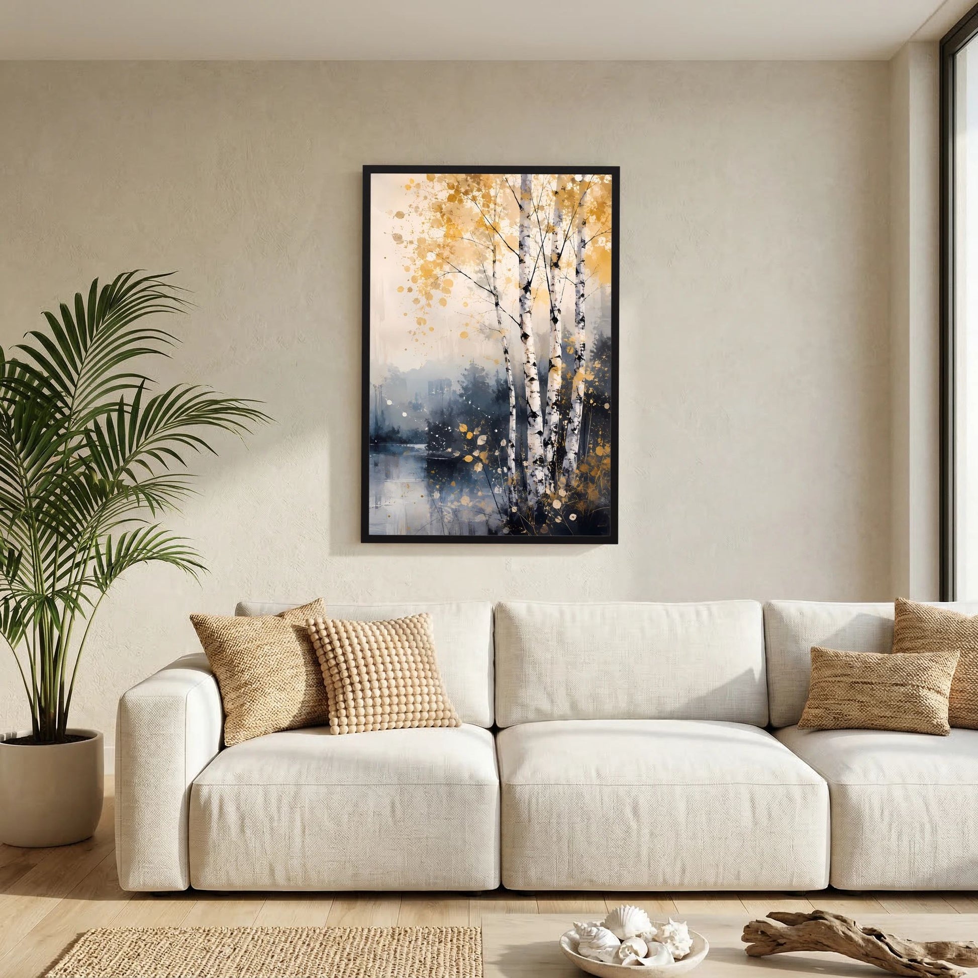 Poster im Hochformat mit abstrakten Birken und goldenen Spritzern am See, schwarzer Rahmen