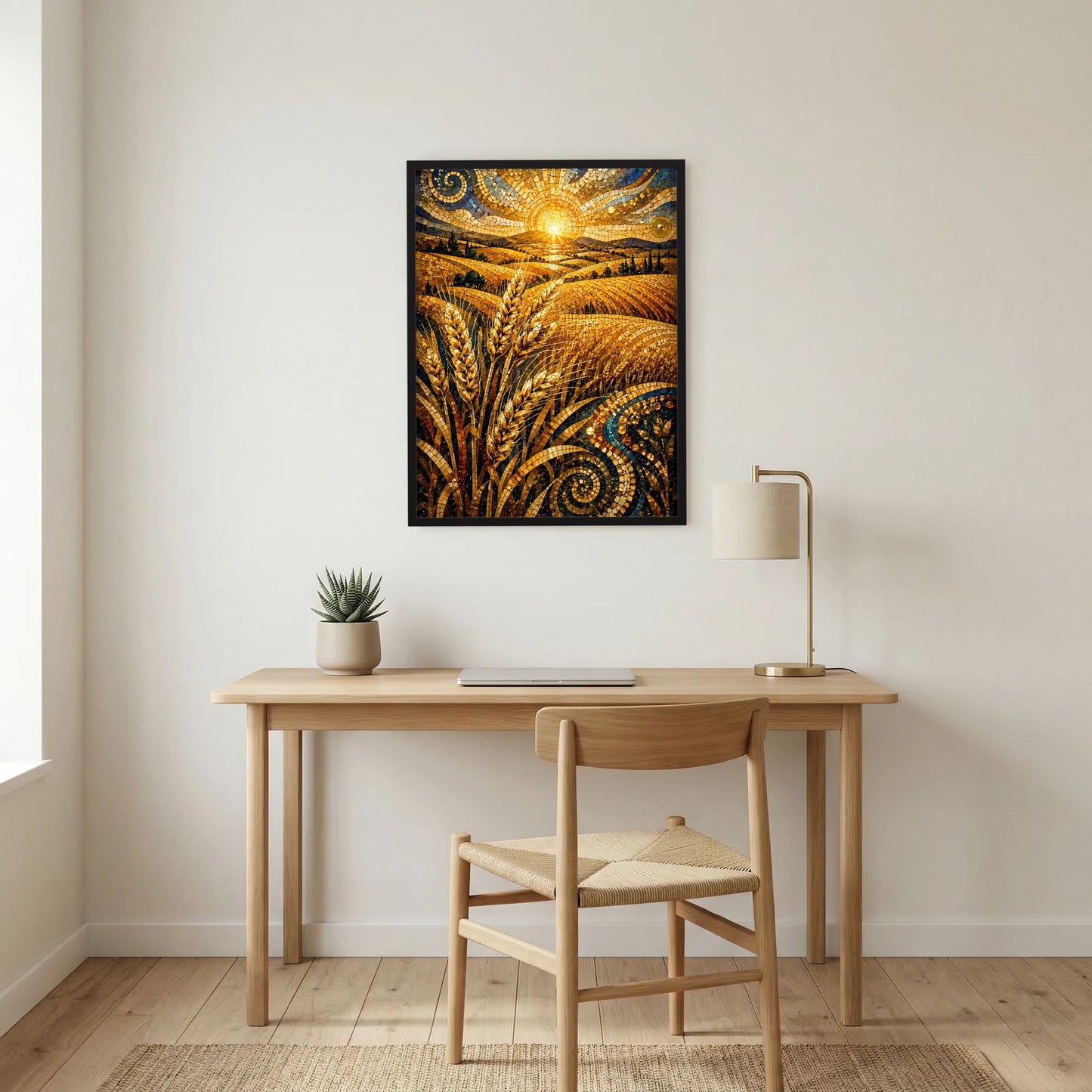 Gerahmtes Poster: goldener Weizen im Mosaik mit Sonne über den Ähren