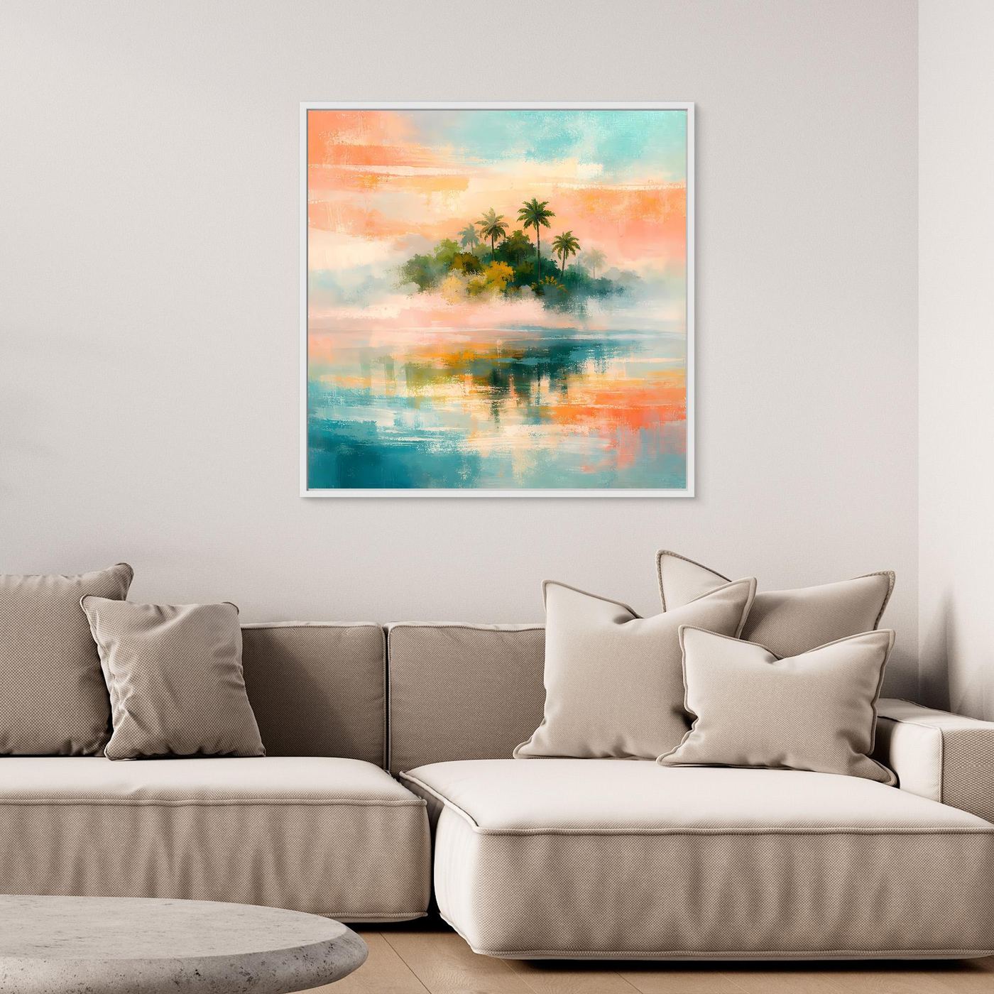 Wandbild mit abstraktem Tropenmotiv: Palmen, Meer und Reflexionen, mit hellem Rahmen