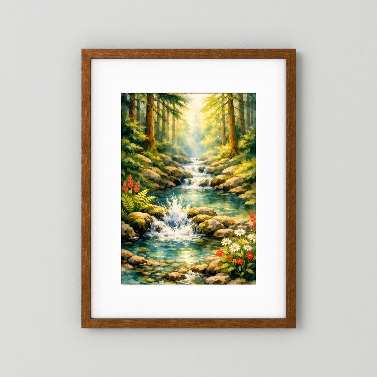 Poster mit Waldidylle und Wasserfall, brauner Holzrahmen mit weißem Rand