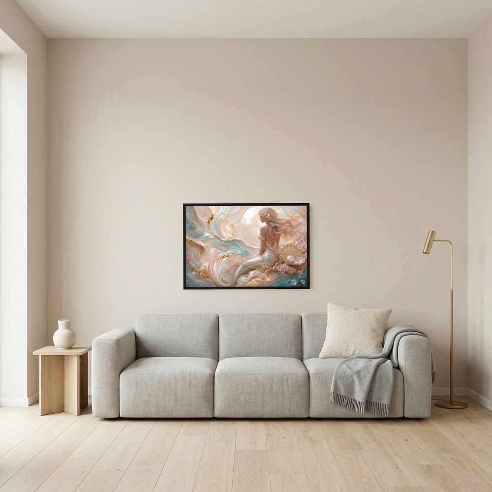 Gerahmtes Querformat-Poster mit Meerjungfrau, Perlen und Muscheln in Pastell, schwarzer Rahmen