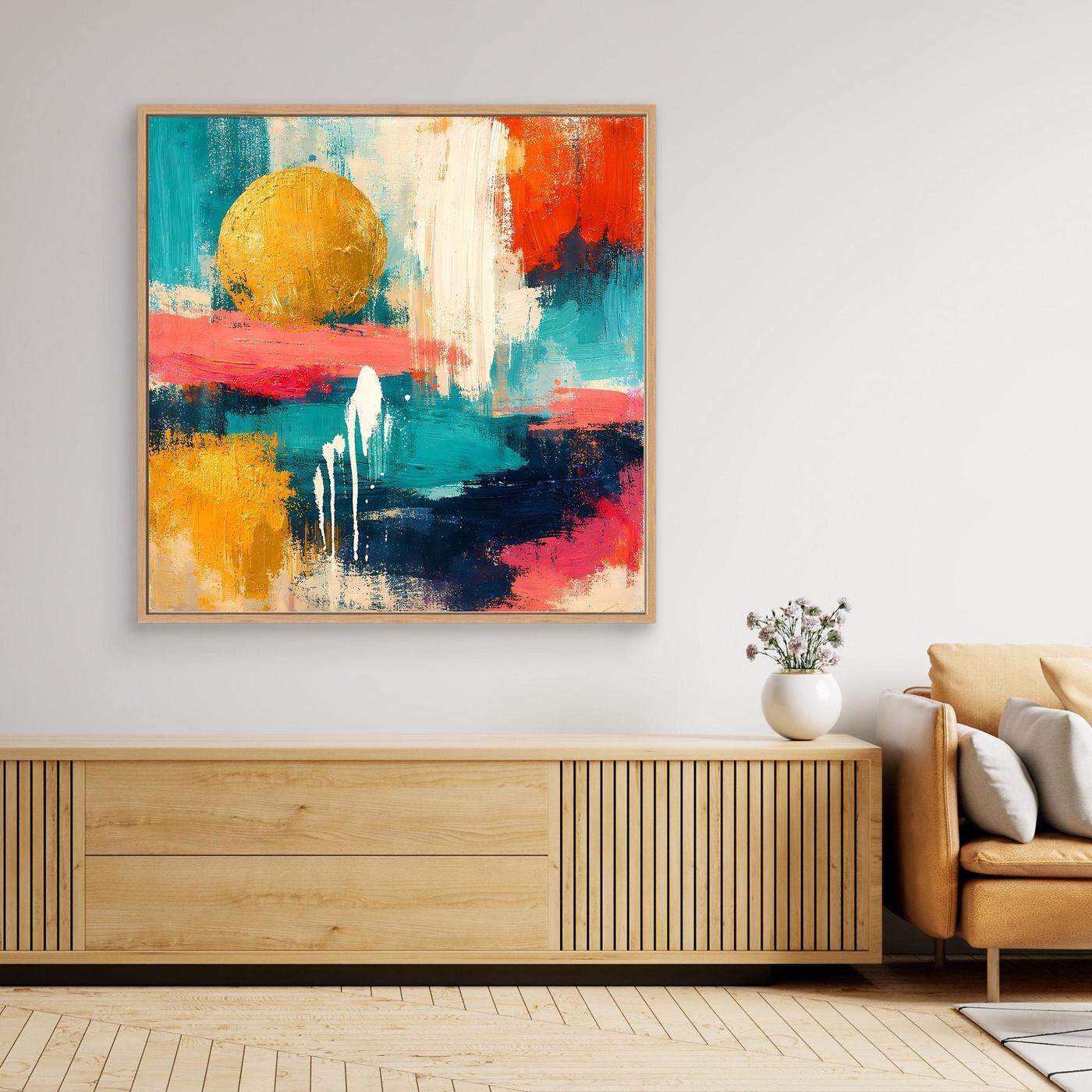 Abstraktes Wandbild mit goldener Kreisform und kontrastreichen Farbflächen, Holzrahmen