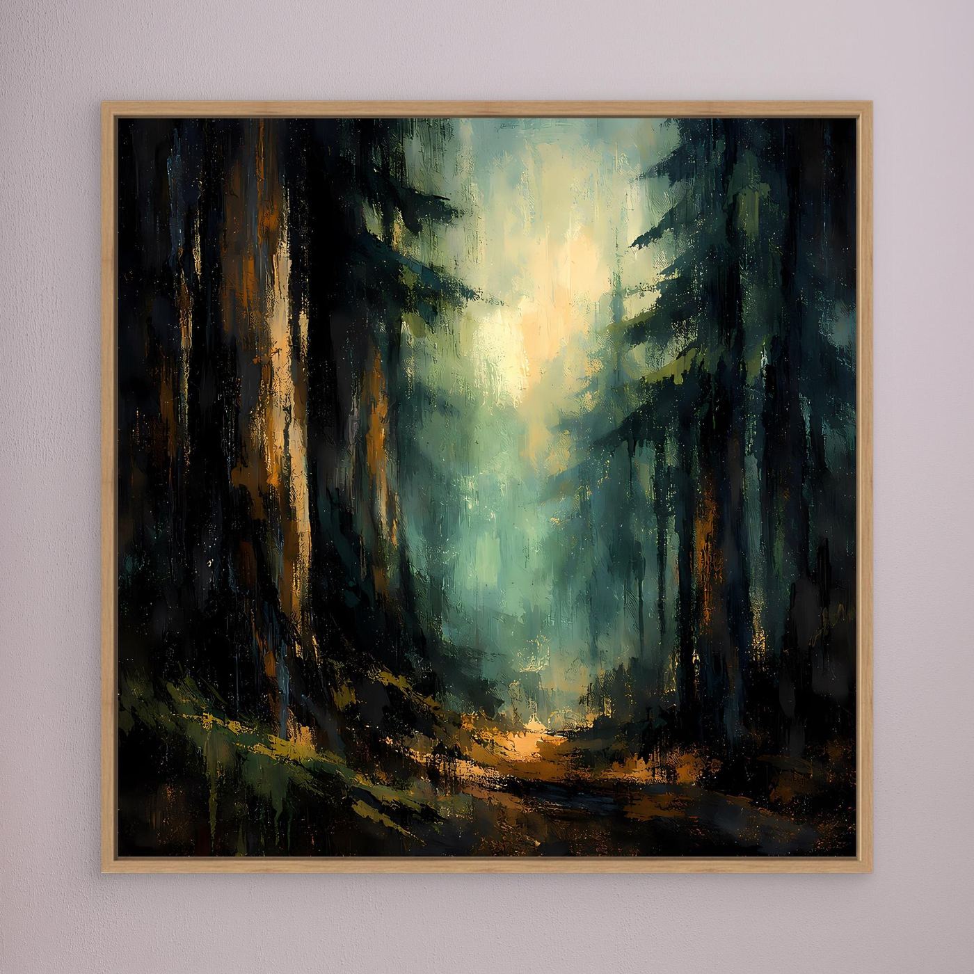 Wandbild: abstrakter Wald mit Licht, goldener Pfad, im Eichenrahmen