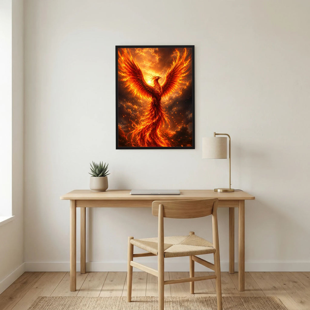 Wandposter mit aufsteigendem Phönix in Flammen, goldorange Motiv im schwarzen Rahmen