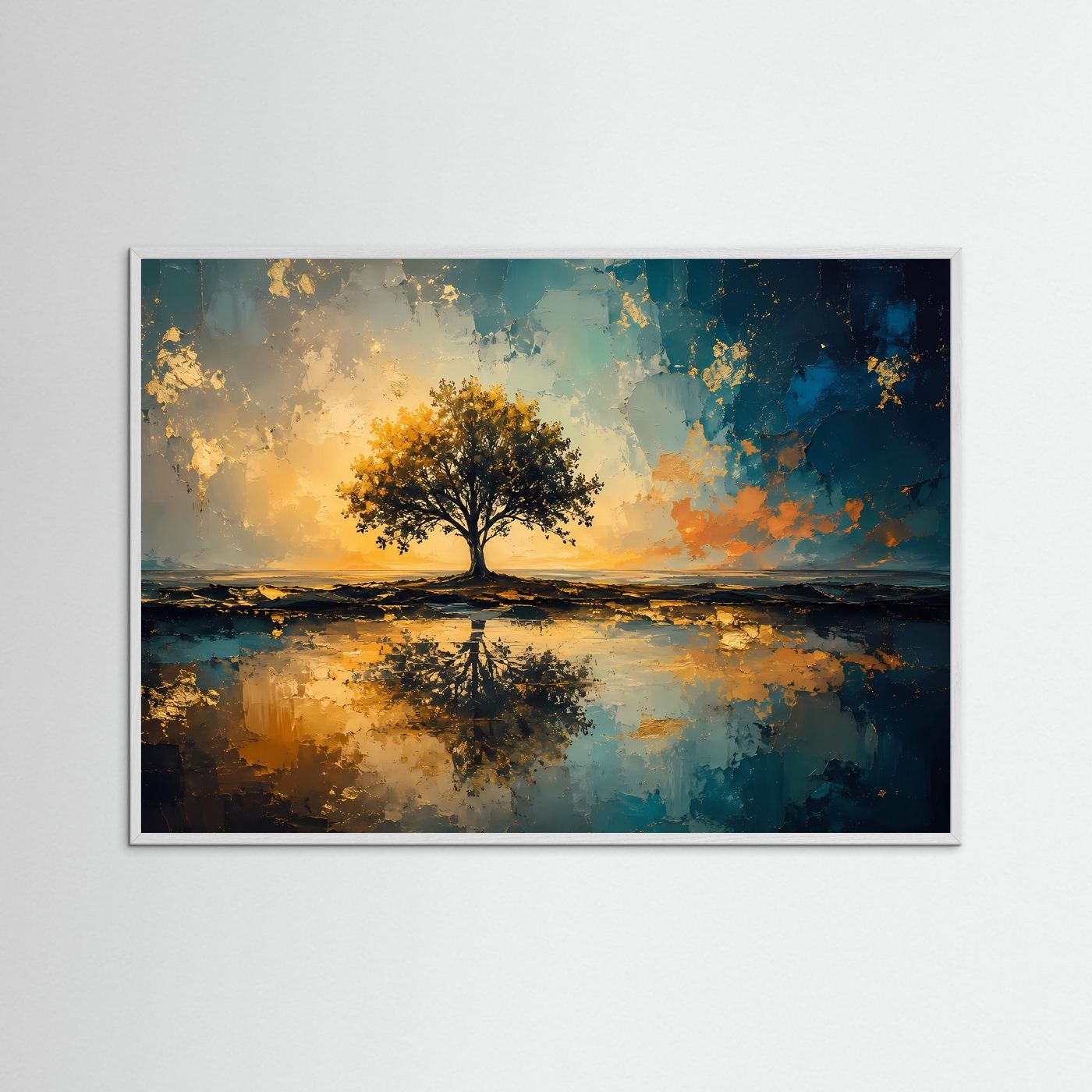 Baum des Lebens im goldenen Licht | Abstrakte Naturkunst in Petrol & Gold