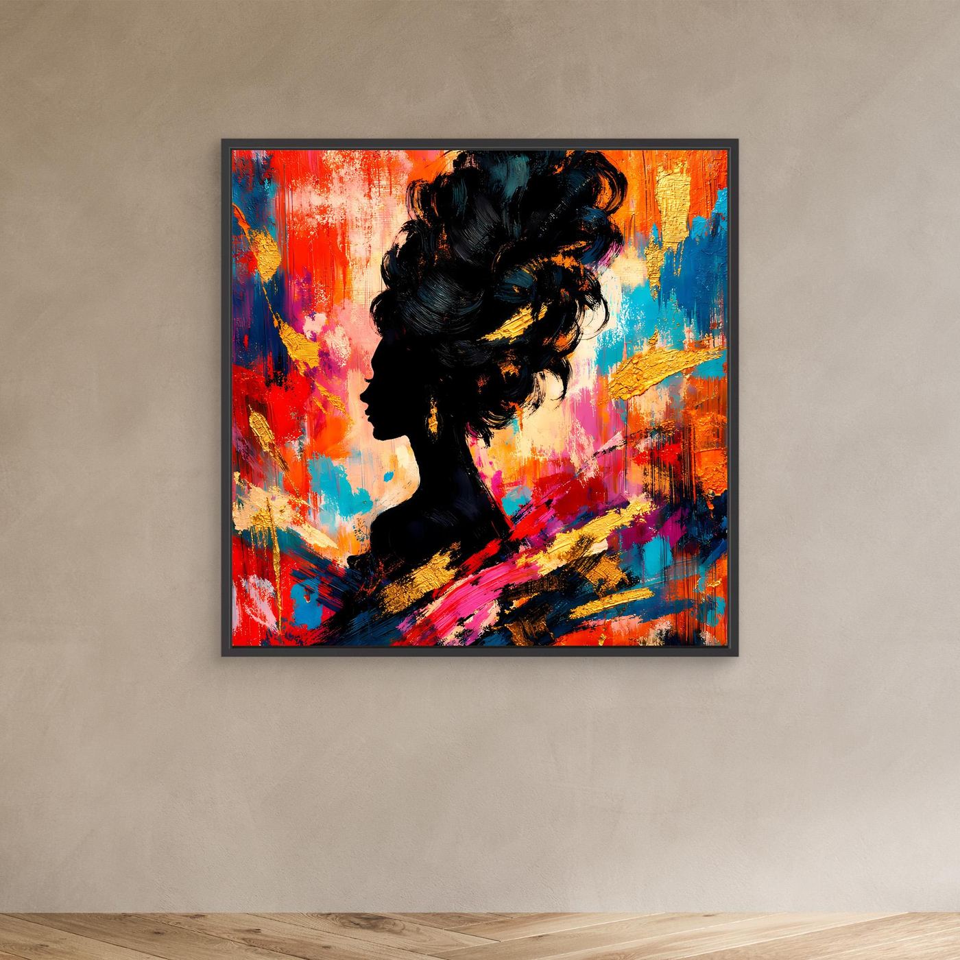 Abstraktes Leinwandbild mit schwarzer Porträt-Silhouette, schwarzer Rahmen