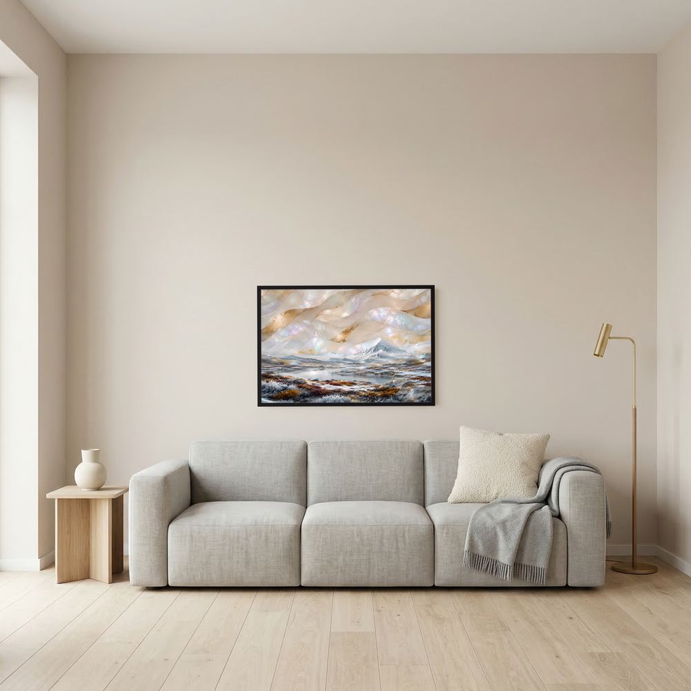 Kleines Poster mit abstrakter Winterlandschaft, Berge und See; schwarzer Rahmen