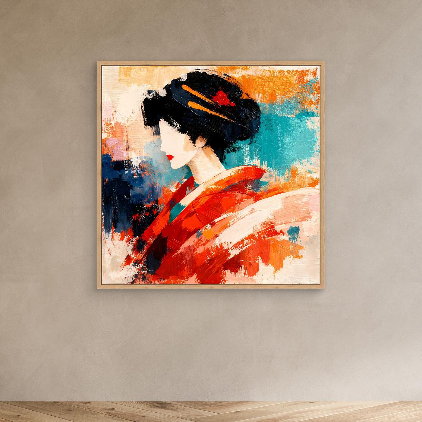 Beige wood-framed canvas wall art of a geisha in a red kimono, dark hair, abstract strokes