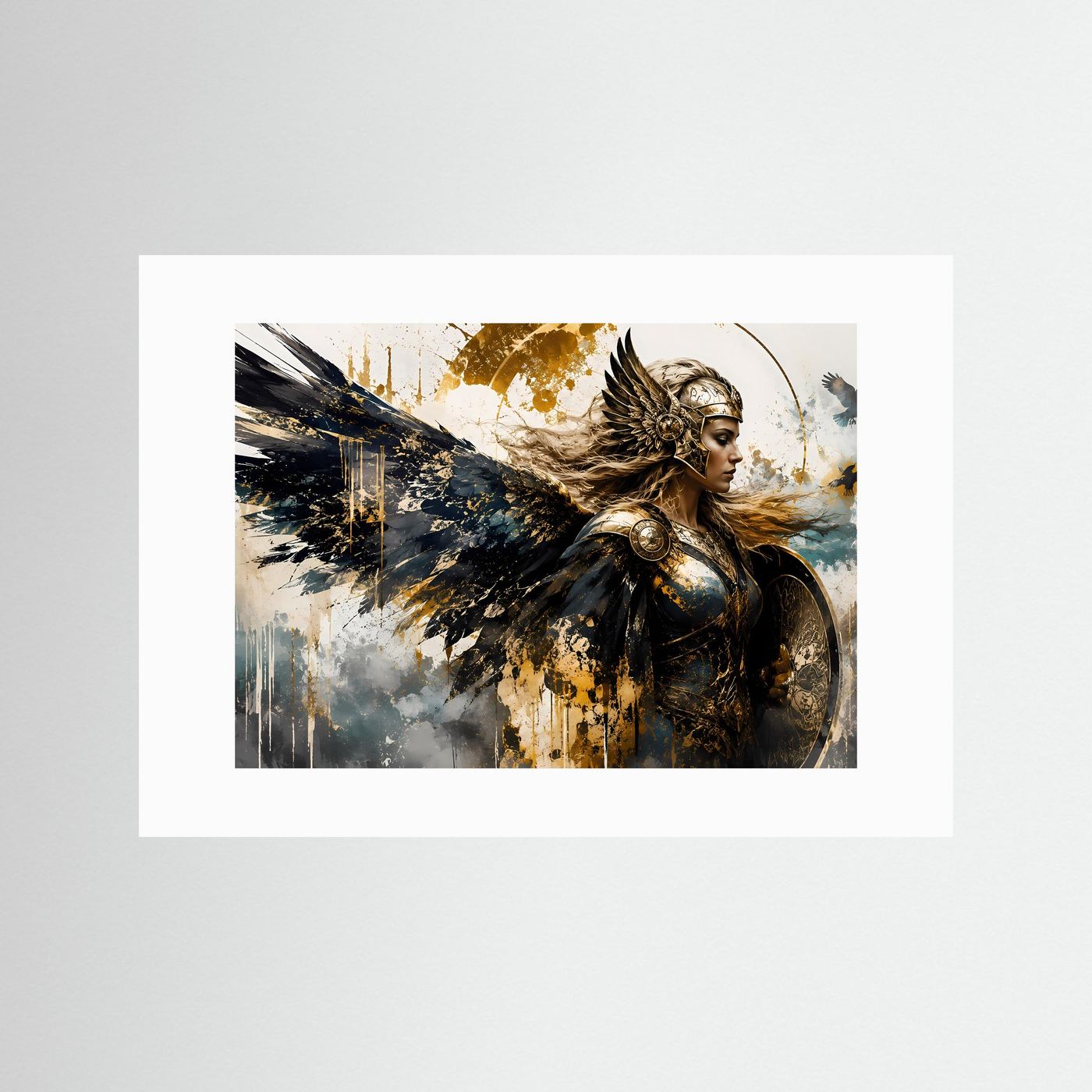 Walküre mit Engelsflügeln in Gold & Schwarz | Episches Mythologie Wandbild & Kunst-Poster