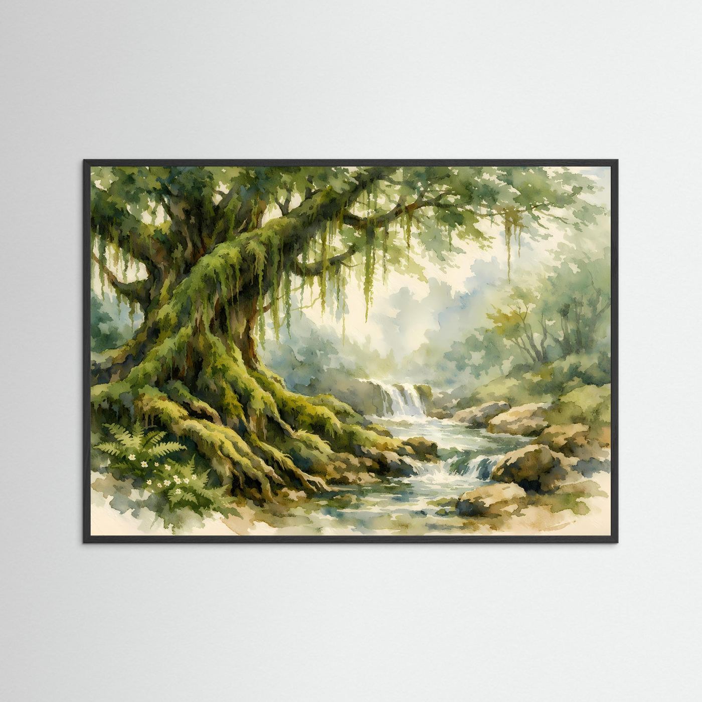 Mysteröser Urwaldbaum am Flusslauf | Aquarell Natur & Urwald Poster Querformat