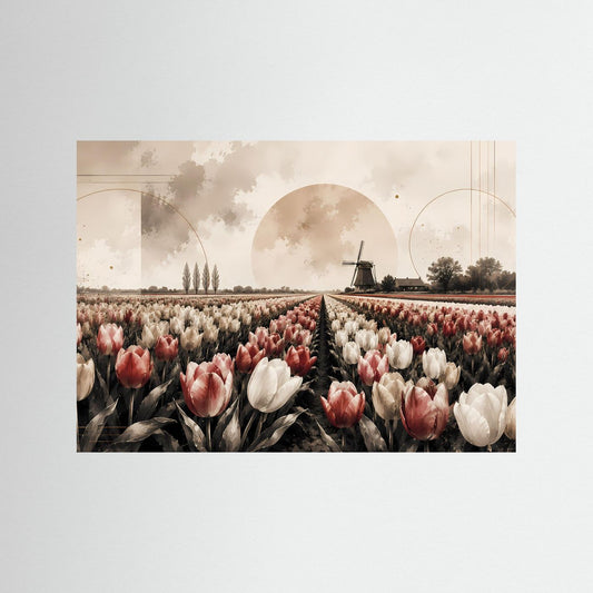 Poster Querformat mit Tulpenfeld und Windmühle, Beige-Rosa-Creme, ohne Rahmen