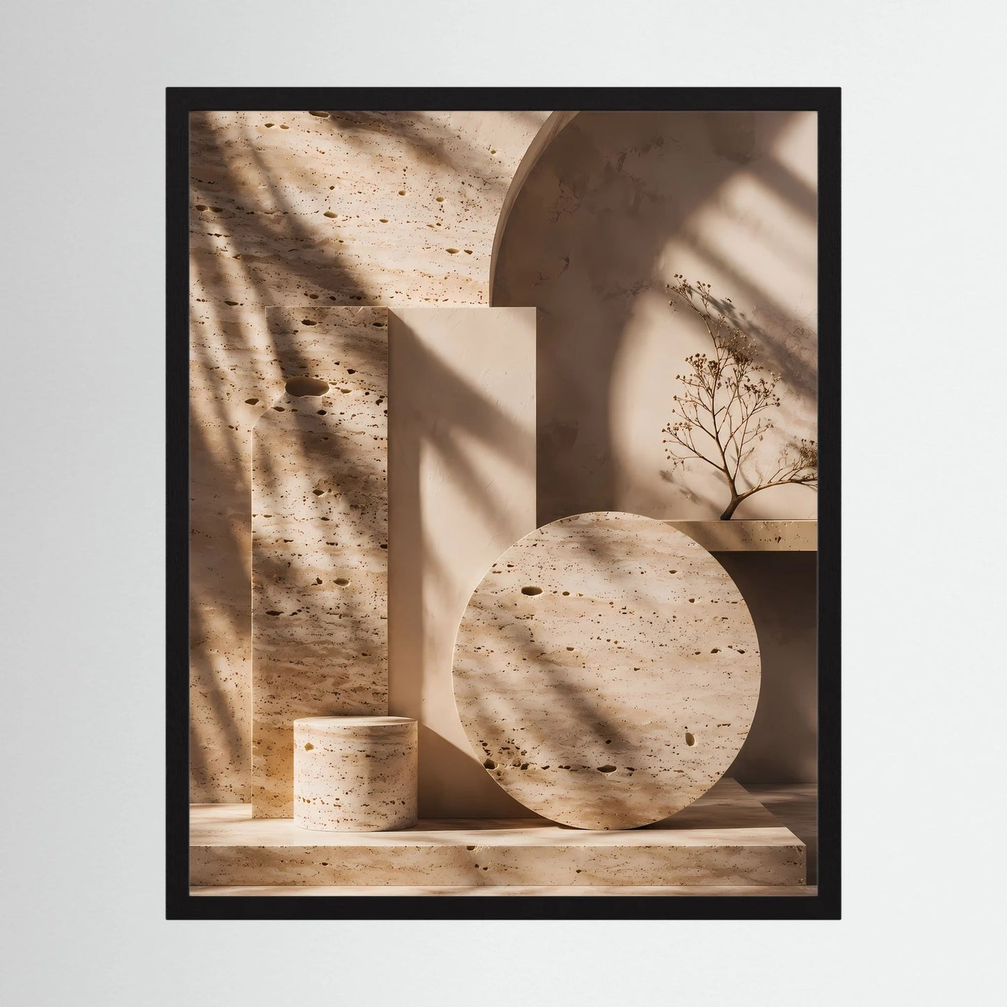 Abstraktes Architektur-Poster mit schwarzem Rahmen, Kreisscheibe und Naturzweig