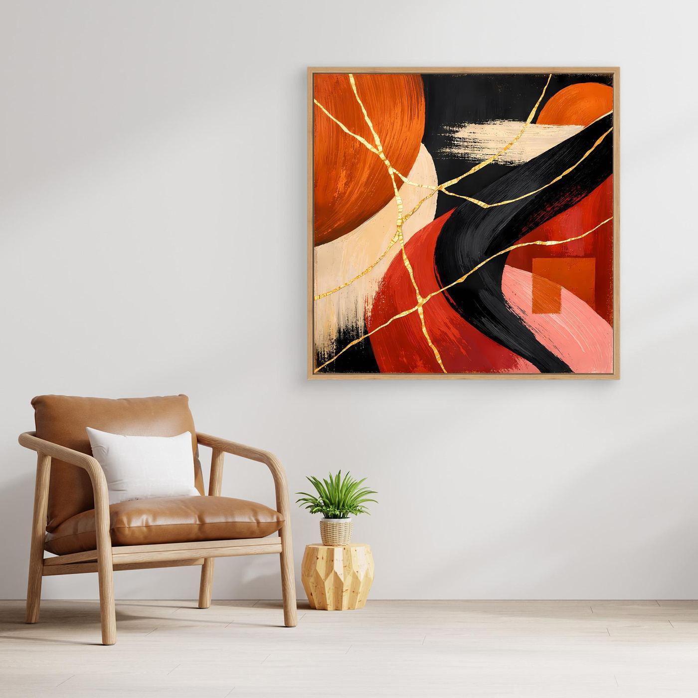 Abstraktes Leinwand-Wandbild mit Kintsugi-Goldlinien und heller Holzumrandung, Rot/Schwarz