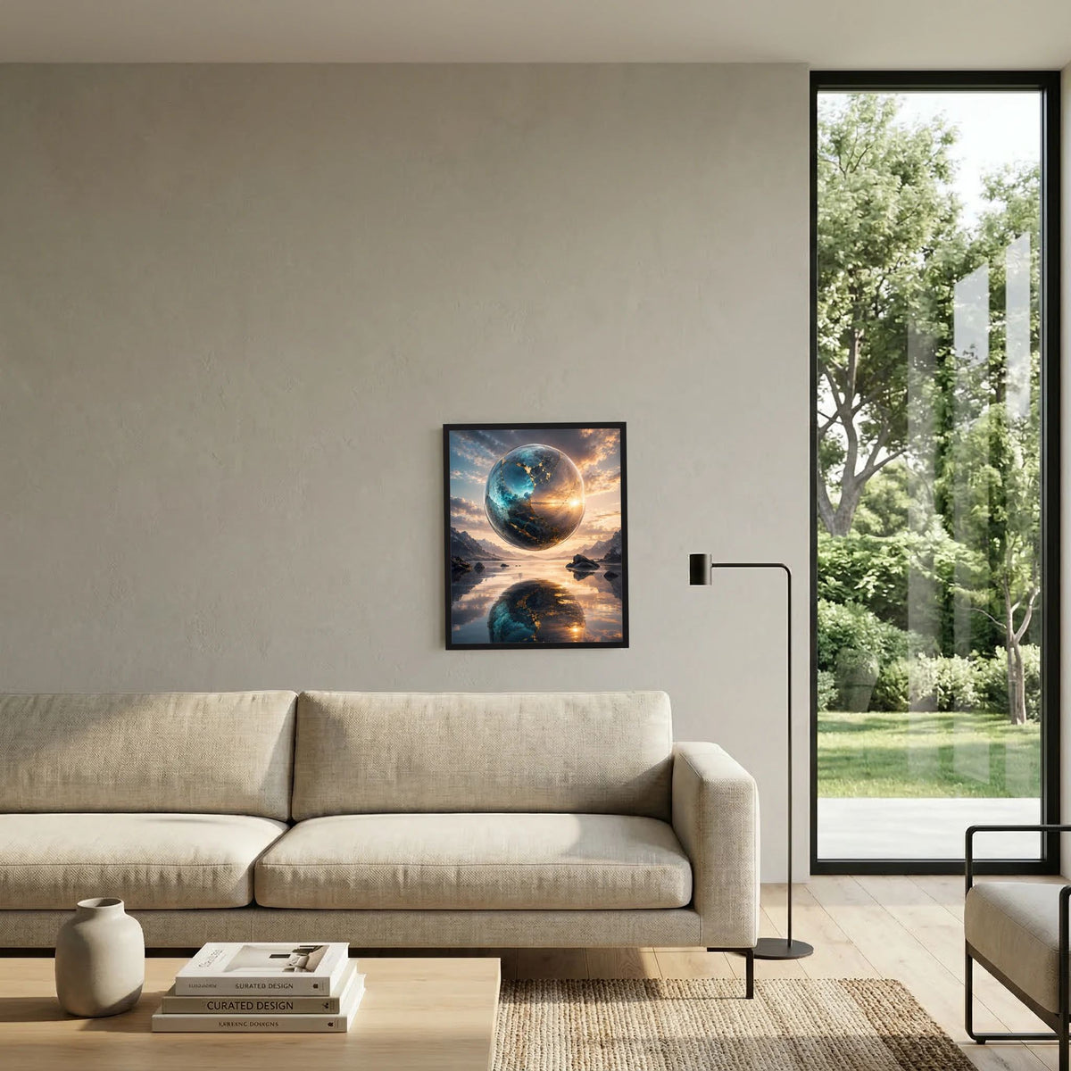 Schwarz gerahmtes Hochformat-Poster mit blauer Erdkugel und goldener Wasserreflexion
