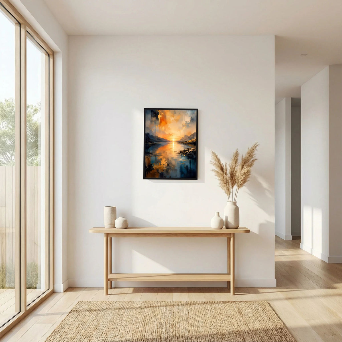 Gerahmtes Poster (Hochformat) mit abstrakter Berglandschaft am See, orange Sonnenuntergang