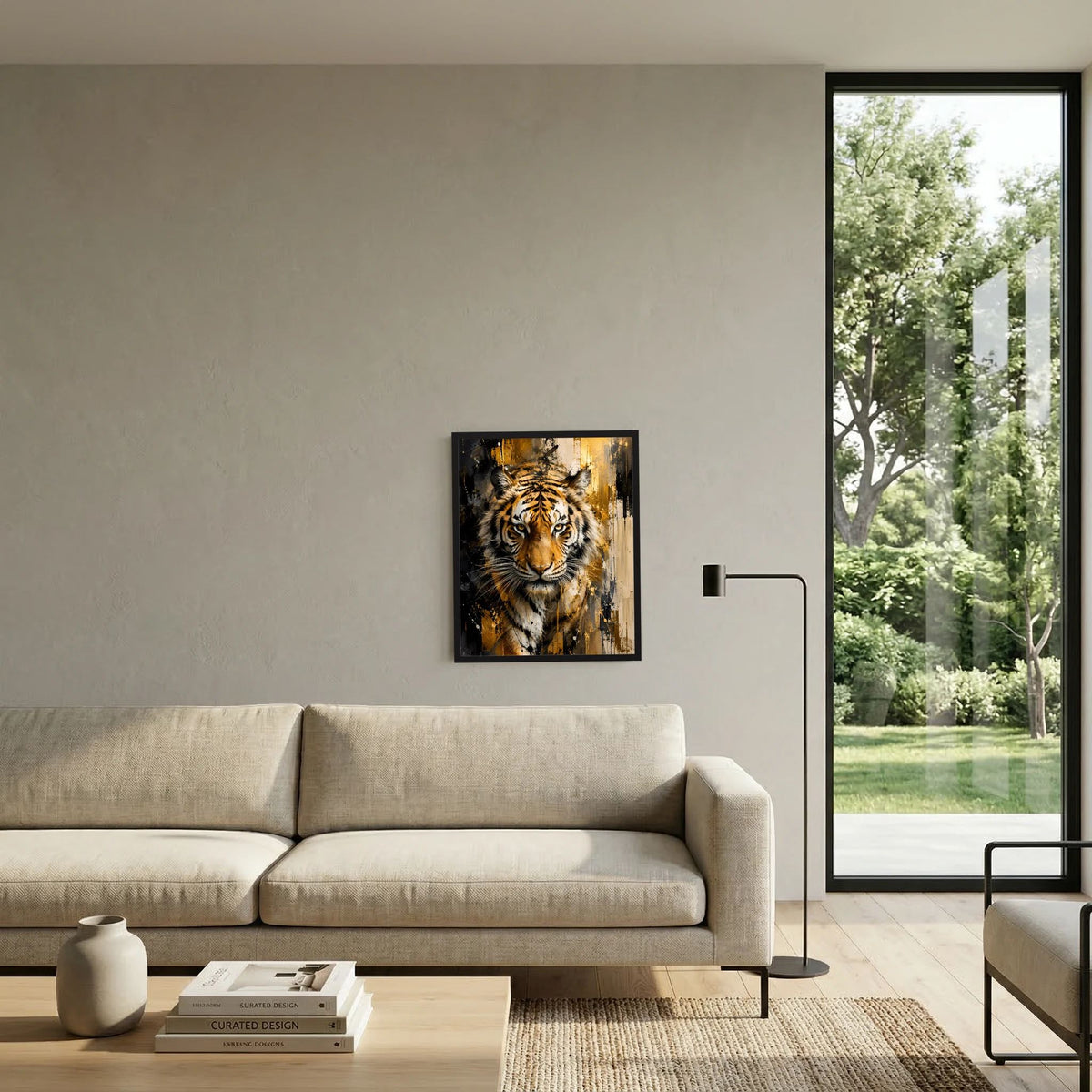 Gerahmtes Kunstposter im schwarzen Rahmen, Hochformat: Tigerkopf in Gold- und Schwarztönen