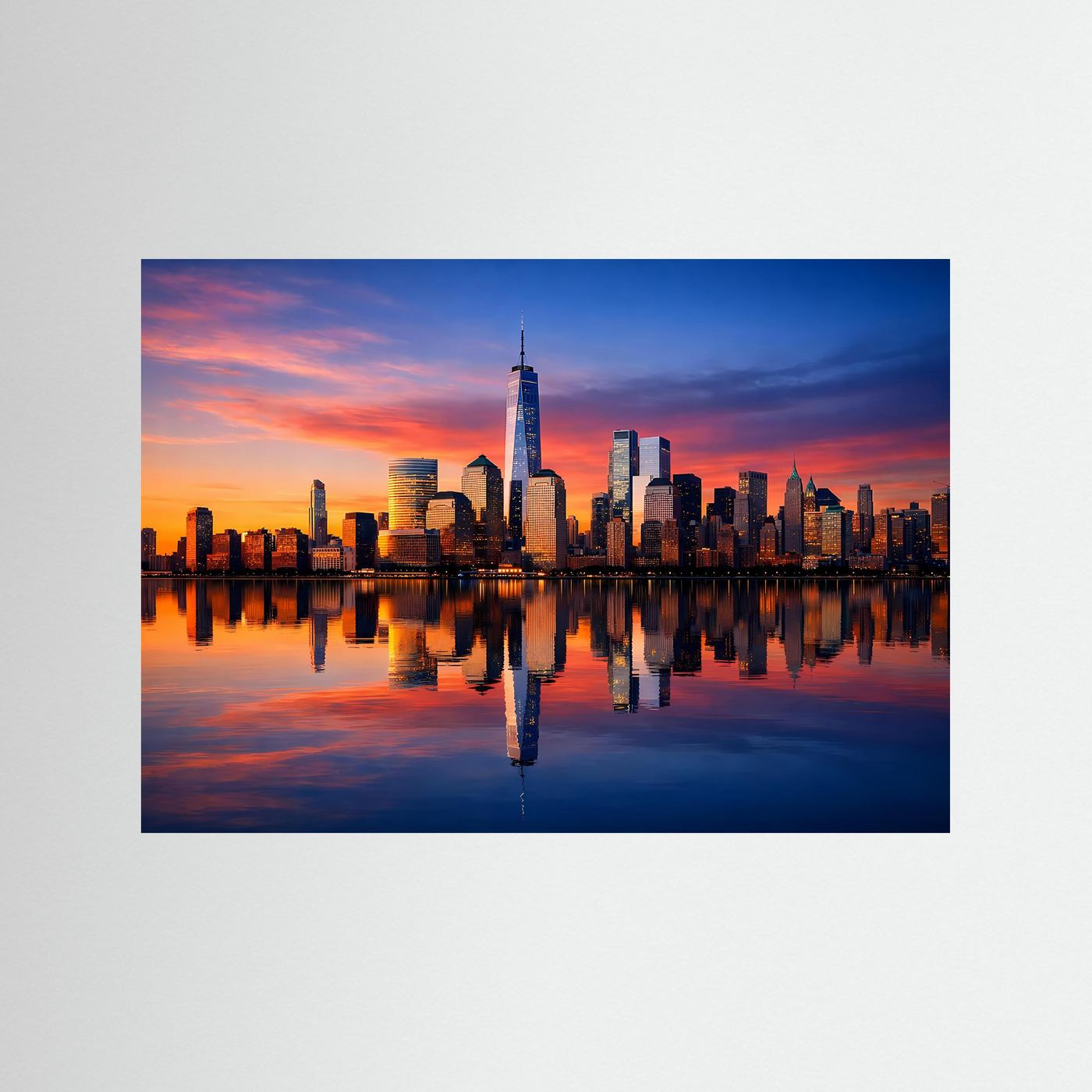 Querformat-Poster mit Skyline und Spiegelung im Sonnenuntergang, blau eingefasst
