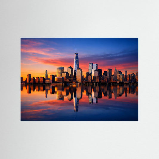 Querformat-Poster mit Skyline und Spiegelung im Sonnenuntergang, blau eingefasst