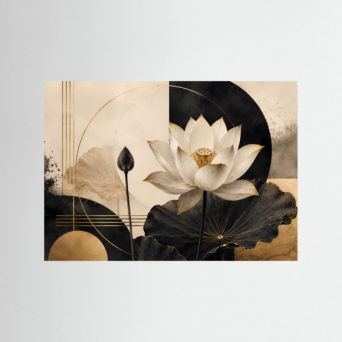 Abstraktes Lotusblüten-Poster mit weißen Blüten, schwarzem Hintergrund und goldenen Akzenten