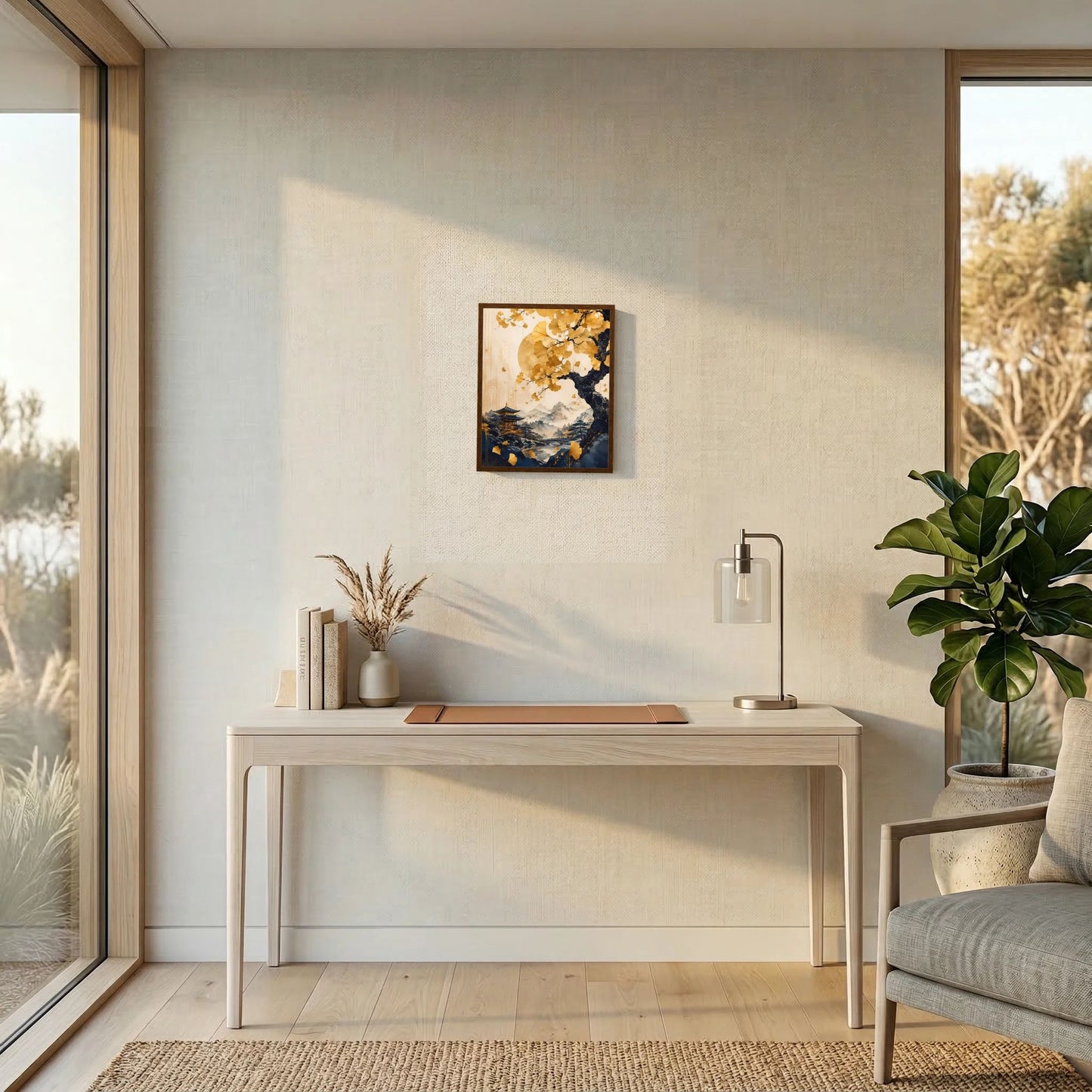 Kleines Wandposter im Hochformat mit Ginkgobaum, Pagode, Berglandschaft und Fluss