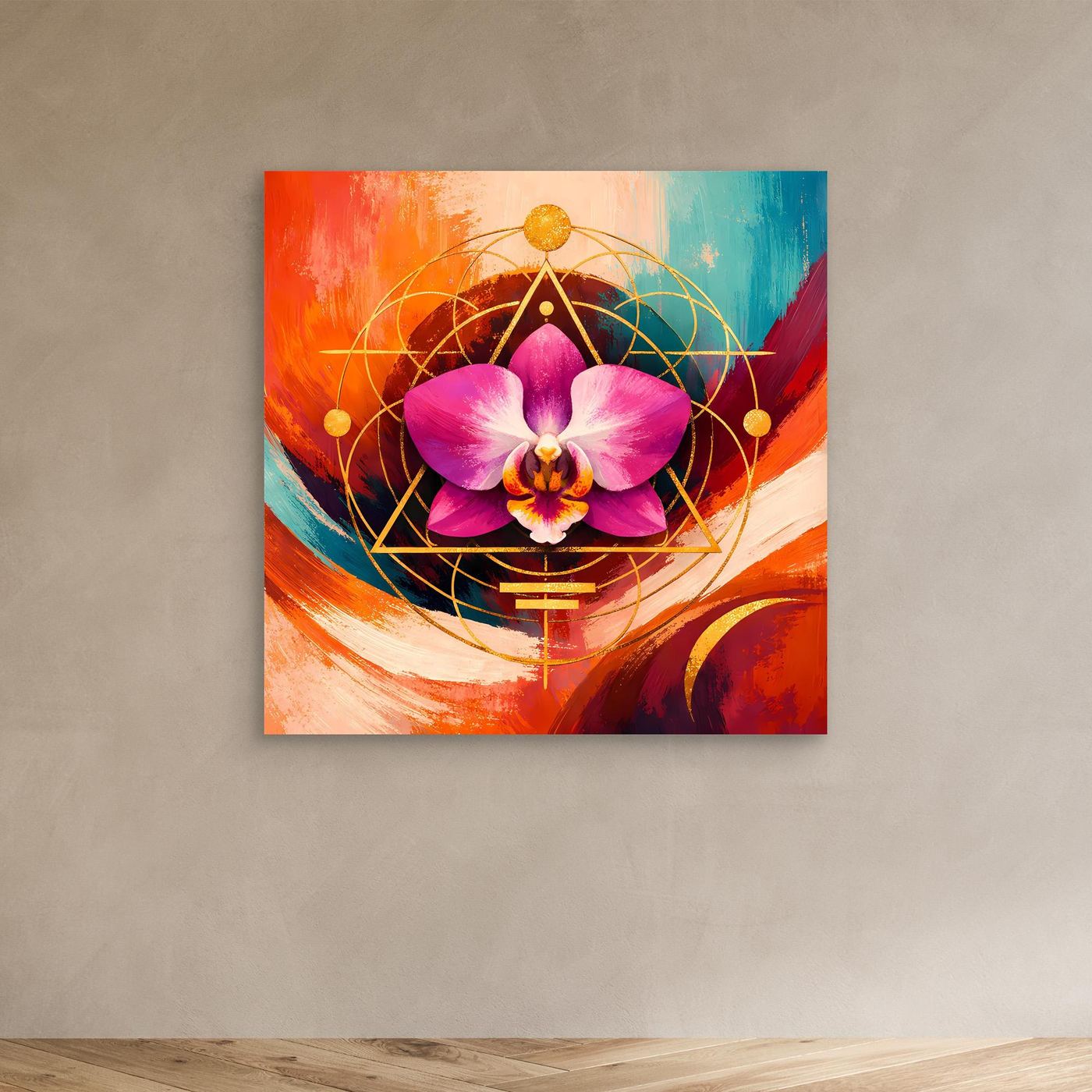 Quadratisches Leinwandbild mit pinker Orchidee und goldener Geometrie