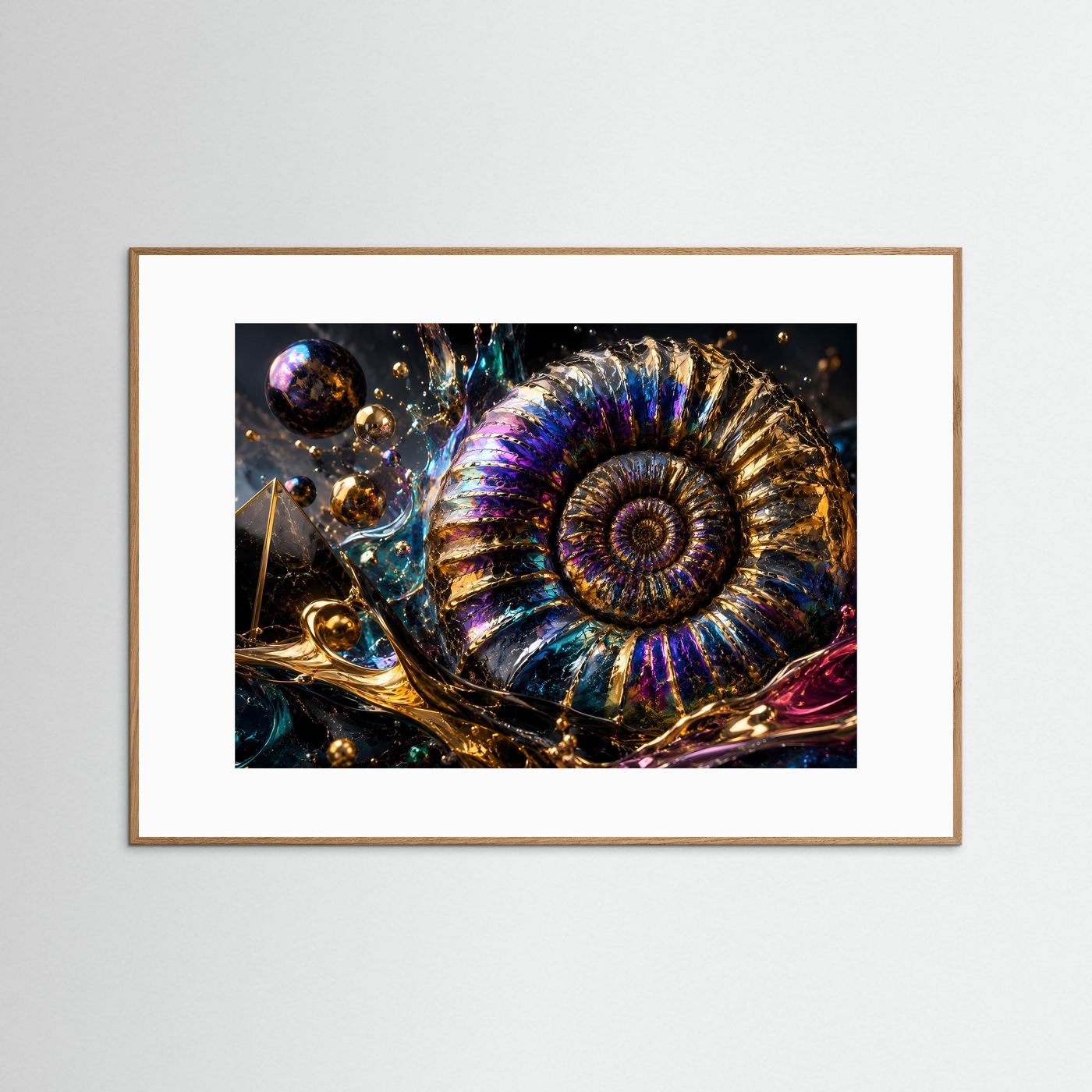 Ammonit Fossil Wandbild | Luxuriöse Geoden Kunst | Abstrakte Gold Blau Lila Wanddekoration | Moderne Premium Leinwand | Geometrische Naturkunst