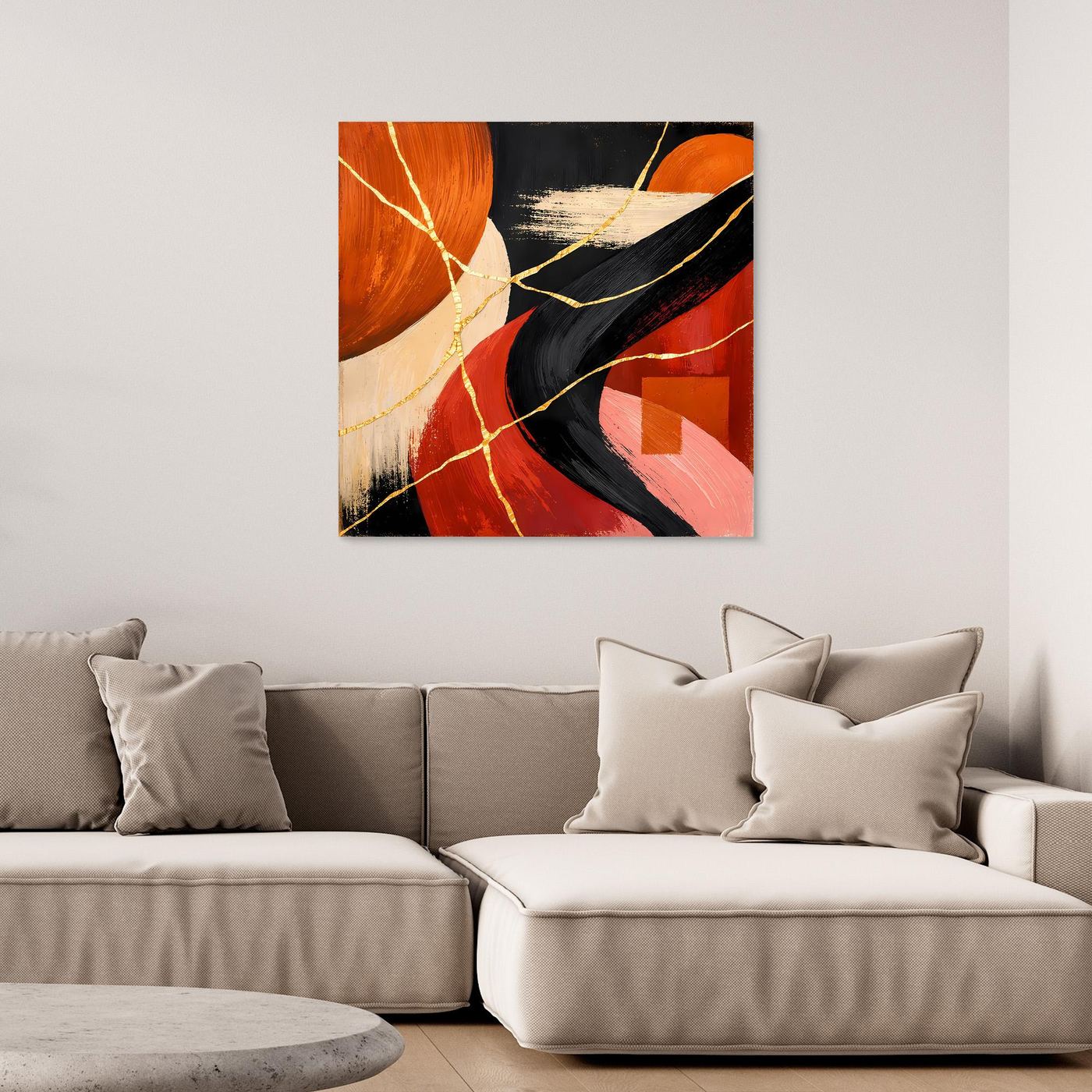Abstraktes Leinwand-Wandbild mit Kintsugi-Goldlinien in Rot, Schwarz und Beige