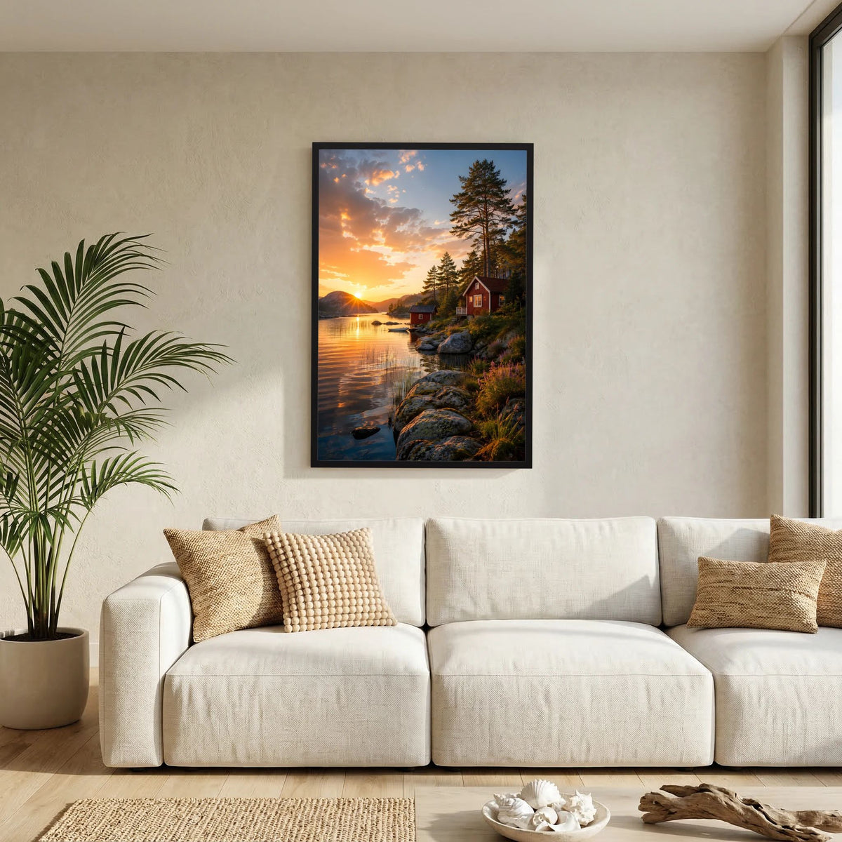 Kunstposter im Hochformat mit schwarzem Rahmen: Sonnenuntergang am See, rote Hütte, Fichtenbaum.