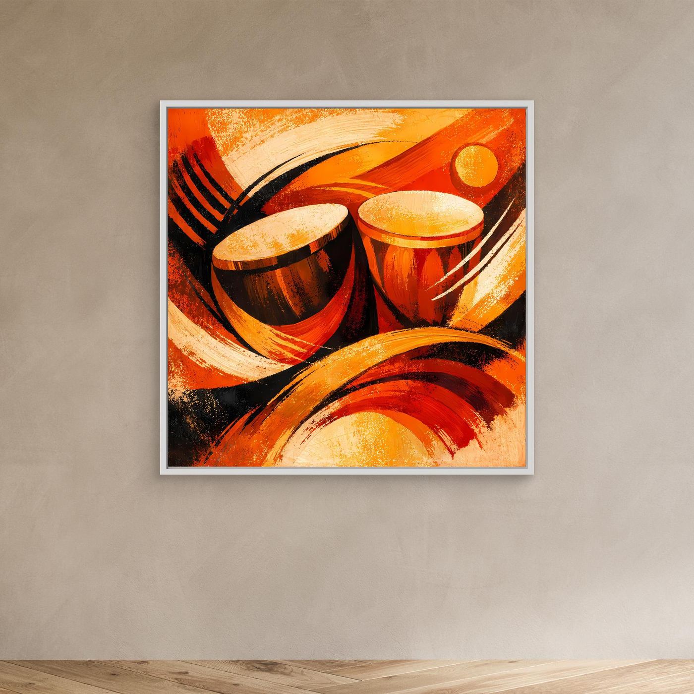 Leinwandbild klein mit weißem Rahmen, abstrakte Trommeln in Orange und Schwarz
