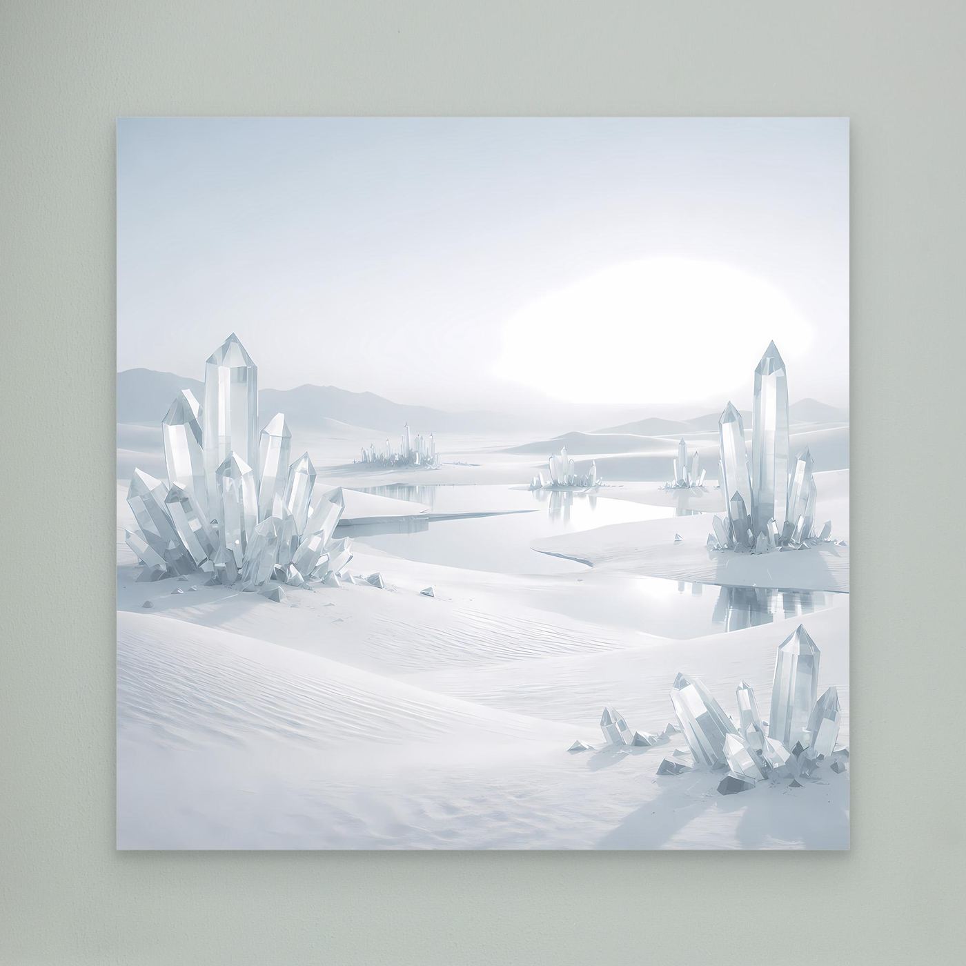 Leinwandbild mit Eisberg-Kristallen und verschneiter Winterlandschaft