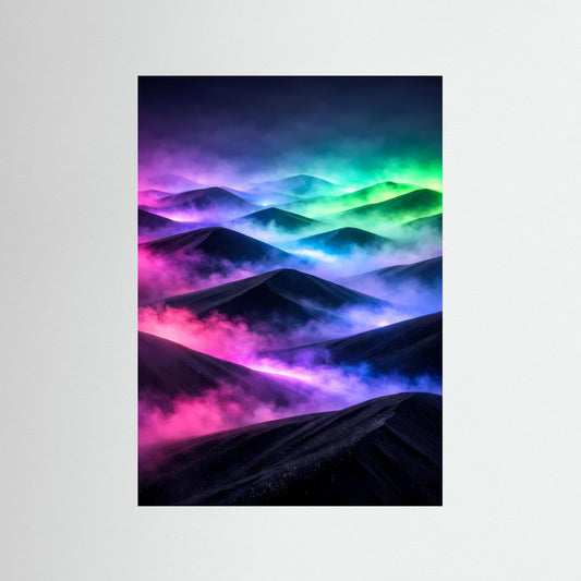Hochformatiges Poster mit Neonfarbenen Dünen und Polarlicht in Magenta, Cyan und Smaragd, ohne Rahmen