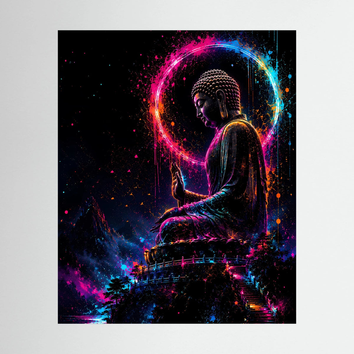Kunstposter mit sitzendem Buddha, umgeben von Neonkreis in Pink, Blau und Orange