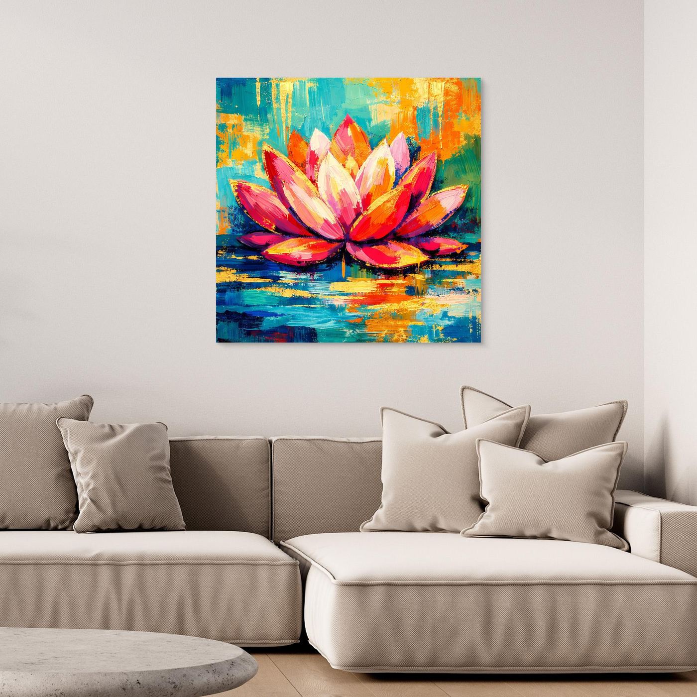 Abstraktes Lotus-Leinwandbild mit bunten Blüten und farbiger Spiegelung im Wasser