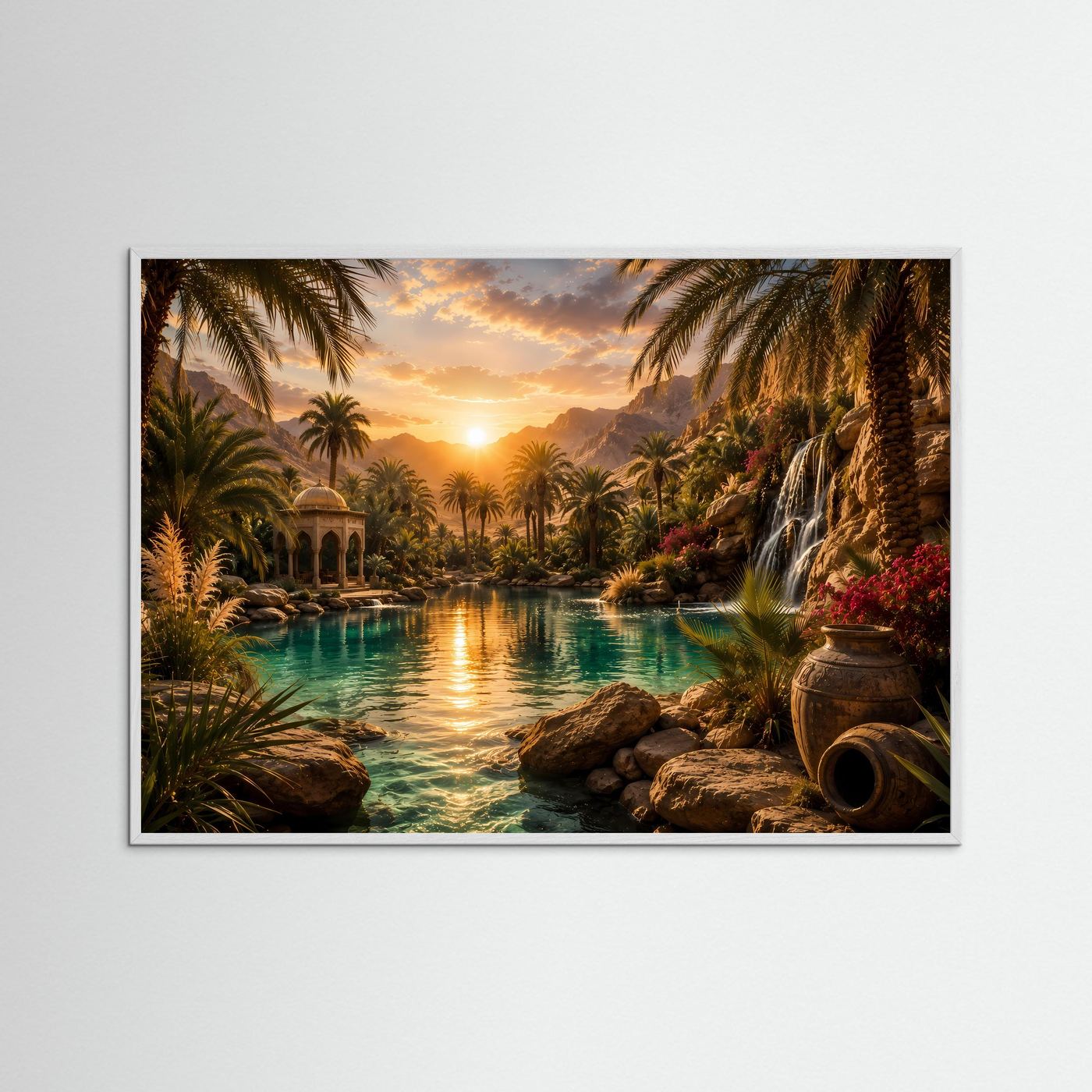 Poster im Querformat mit weißem Holzrahmen, tropische Wasserlandschaft mit Palmen und Wasserfall