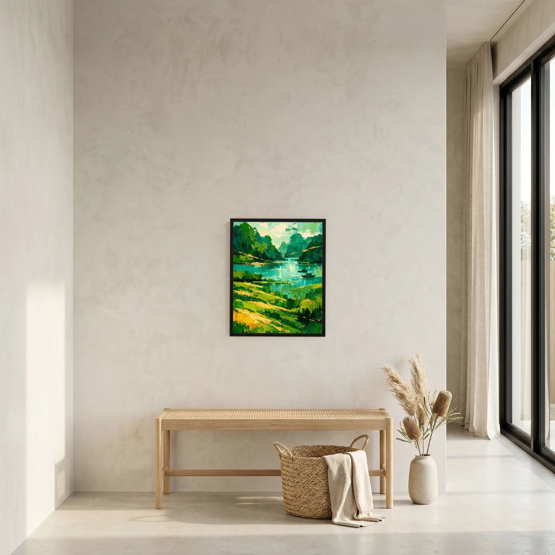 Abstraktes grünes Flusslandschaft-Poster mit Booten im schwarzen Rahmen an der Wand