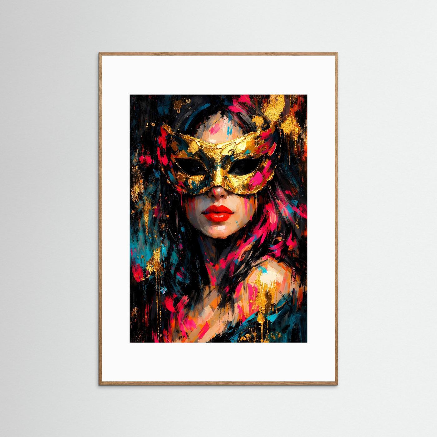 Kunstposter mit Porträt einer Frau in bunter venezianischer Maske, goldbrauner Rahmen