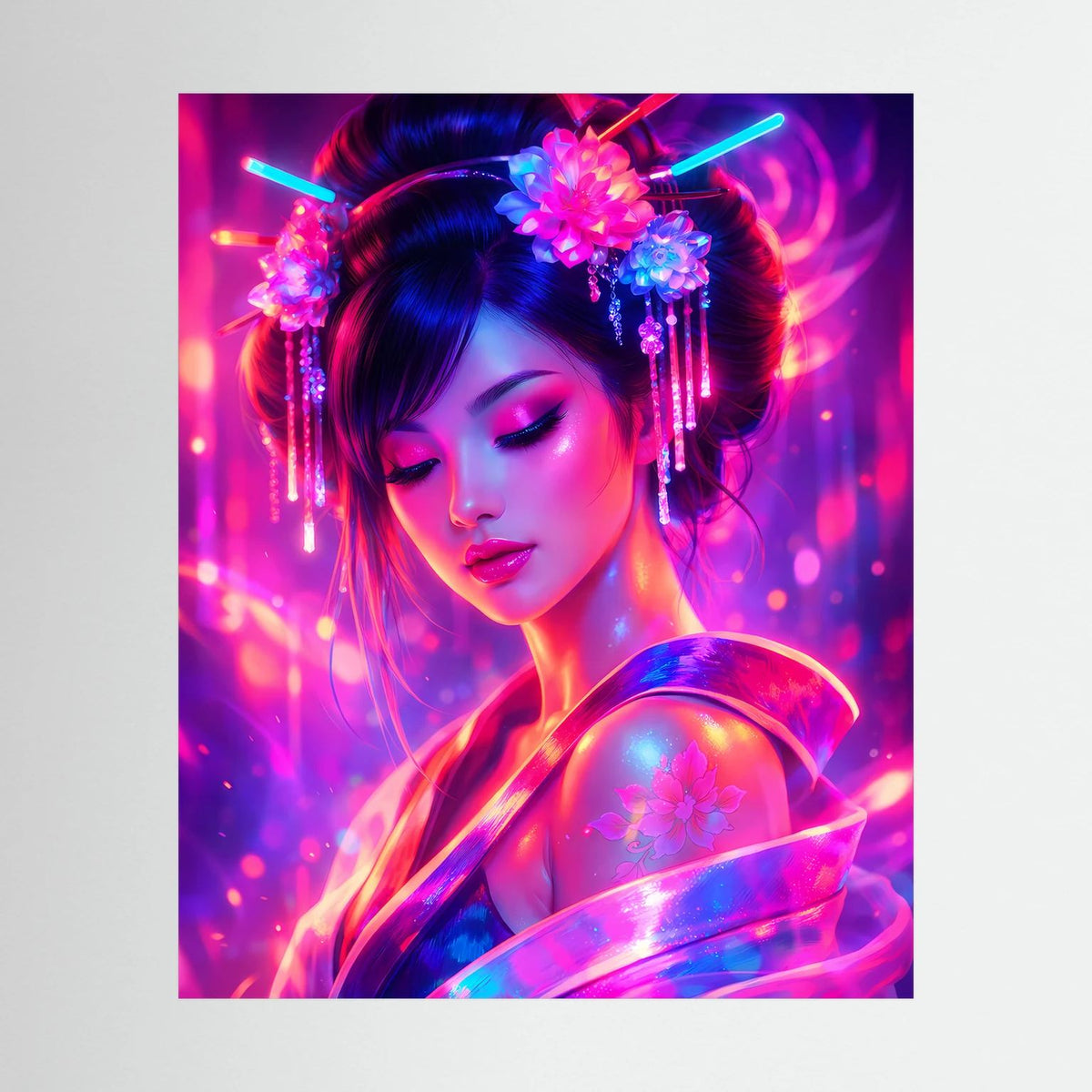 Neon-Poster: geishaähnliche Frau mit Blumen-Haarreif, lila-blauer Lichtoptik