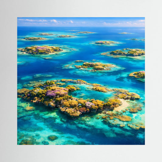 Wandbild mit tropischer Inselwelt auf Holzkeilrahmen, türkisfarbenes Atoll mit Riffen und Inseln