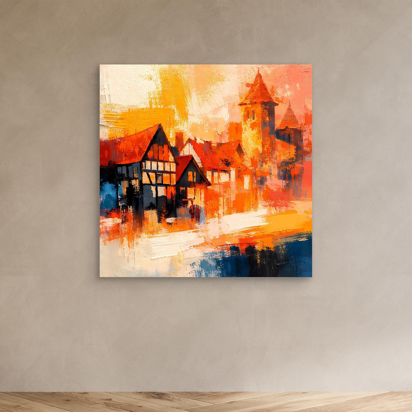 Premium Leinwand Romantische Altstadt im Farbenrausch | Modernes Fachwerk Wandbild abstrakt