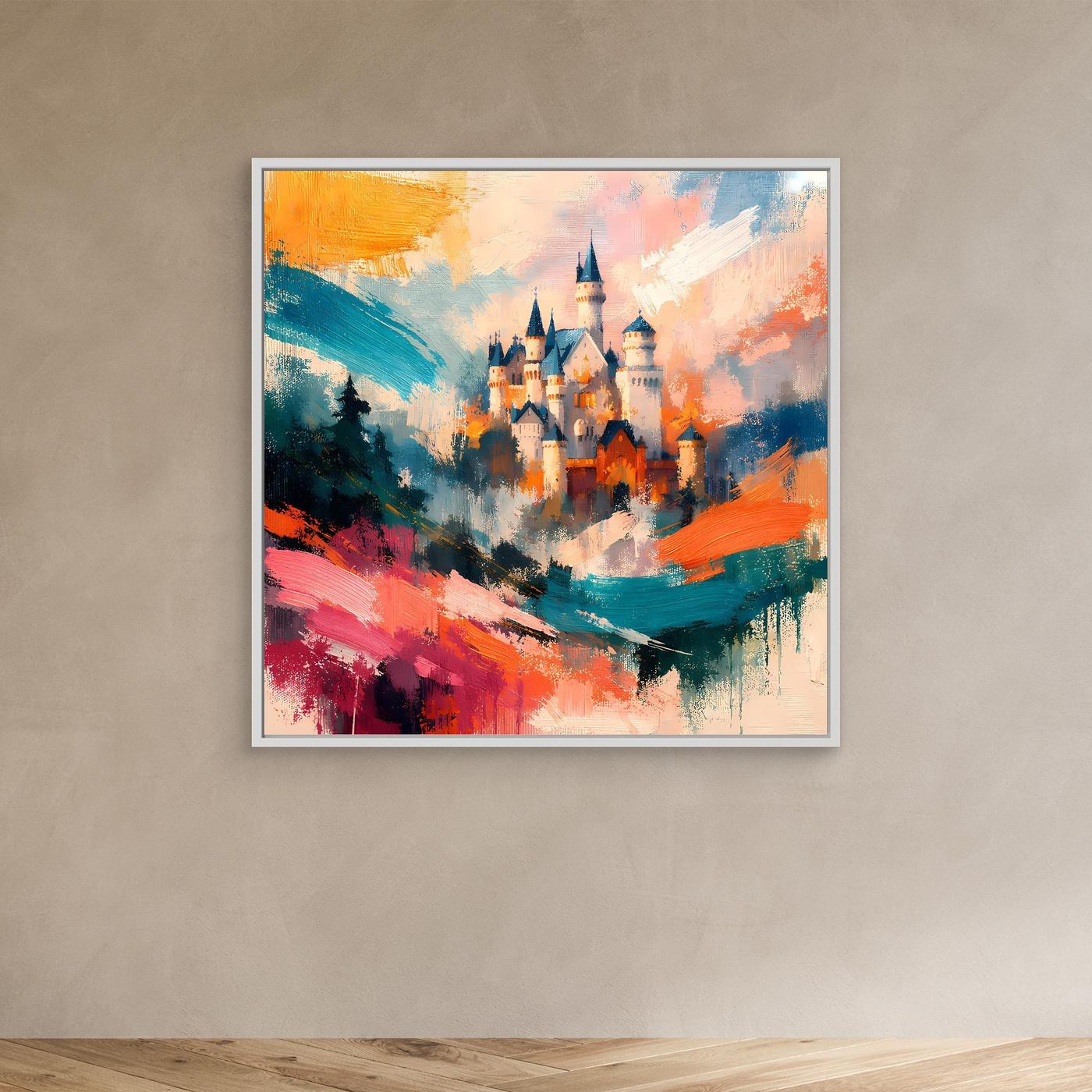 Premium Leinwand Märchenhaftes Schloss in abstrakten Farben | Modernes Castle Wandbild