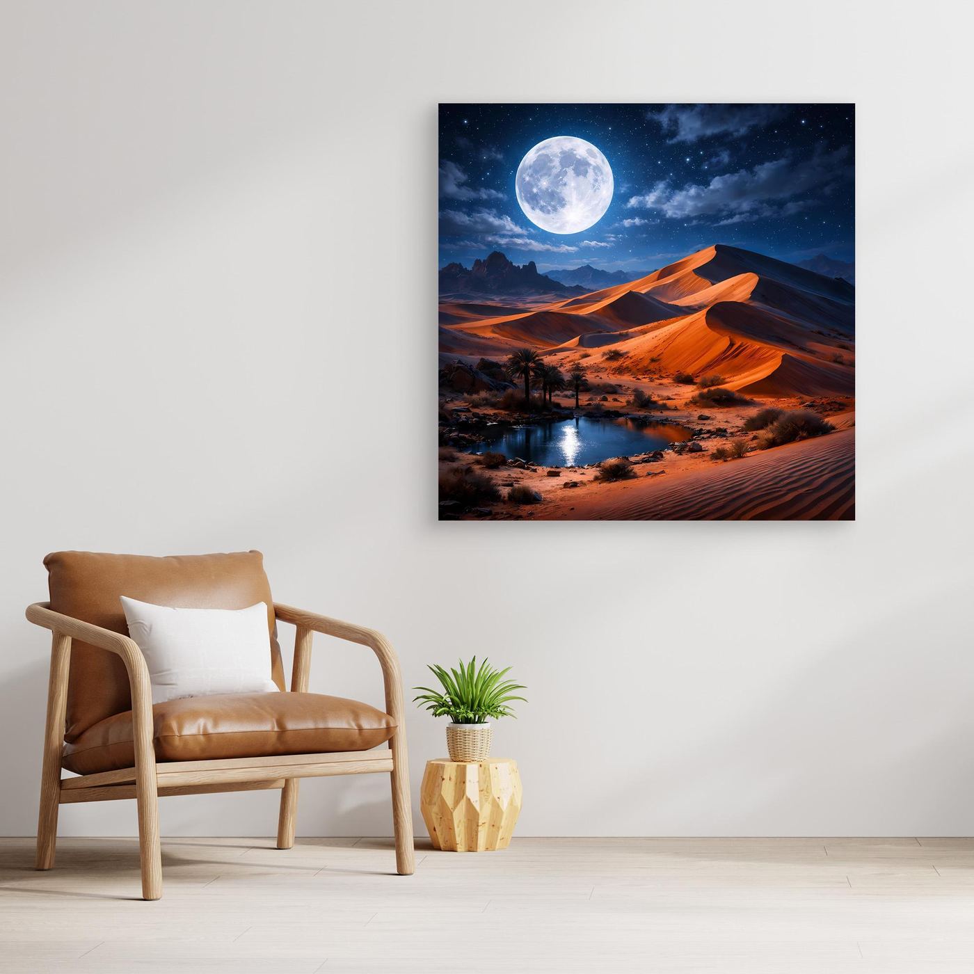 Leinwand-Wandbild ohne Rahmen: Oase in der Wüste bei Nacht mit Mond
